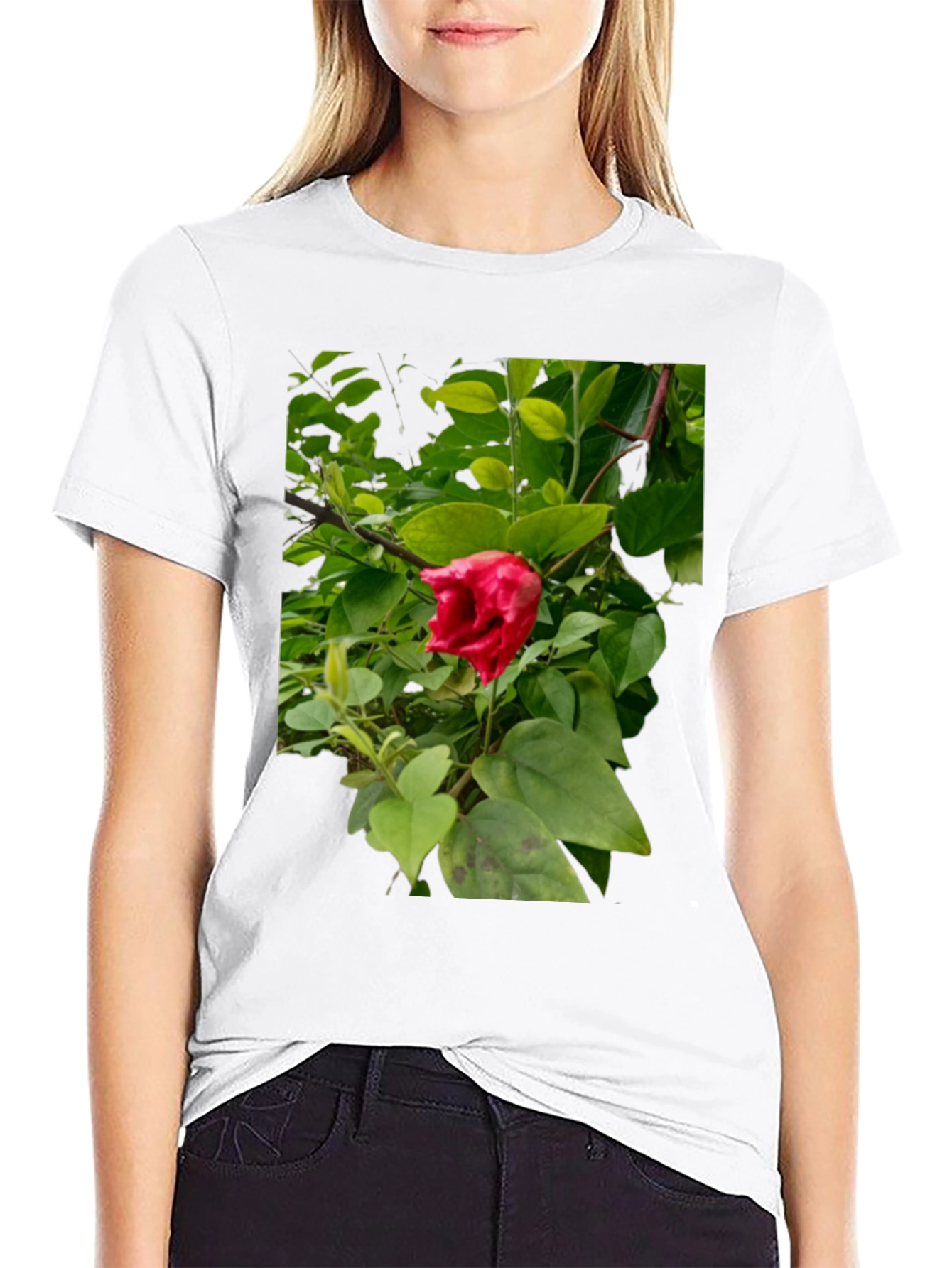 Red Hibiscus Floral Print Black T-Shirt