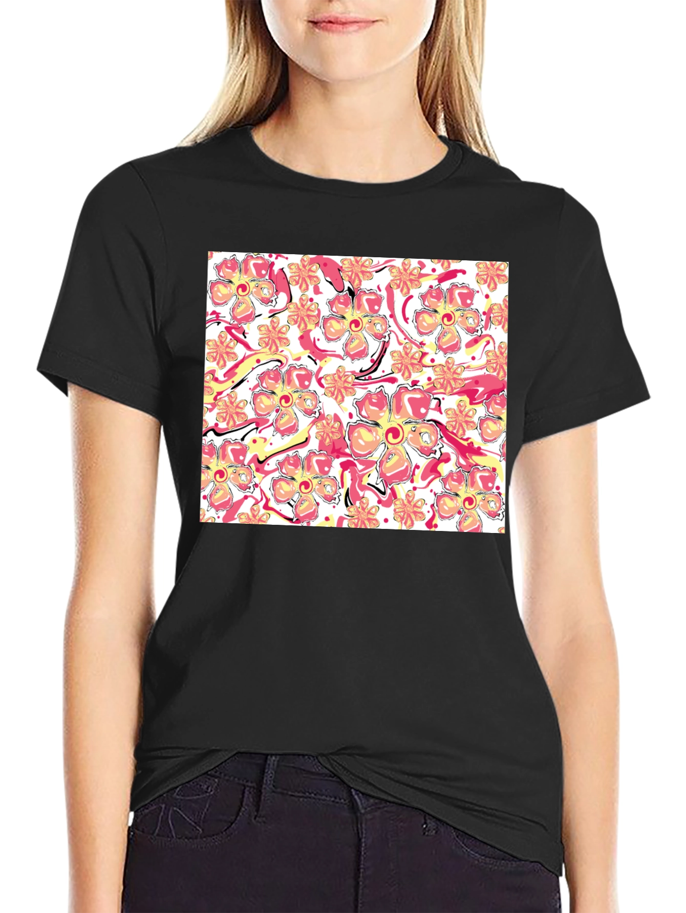 Floral Print Black T-Shirt - Stylish Casual Wear