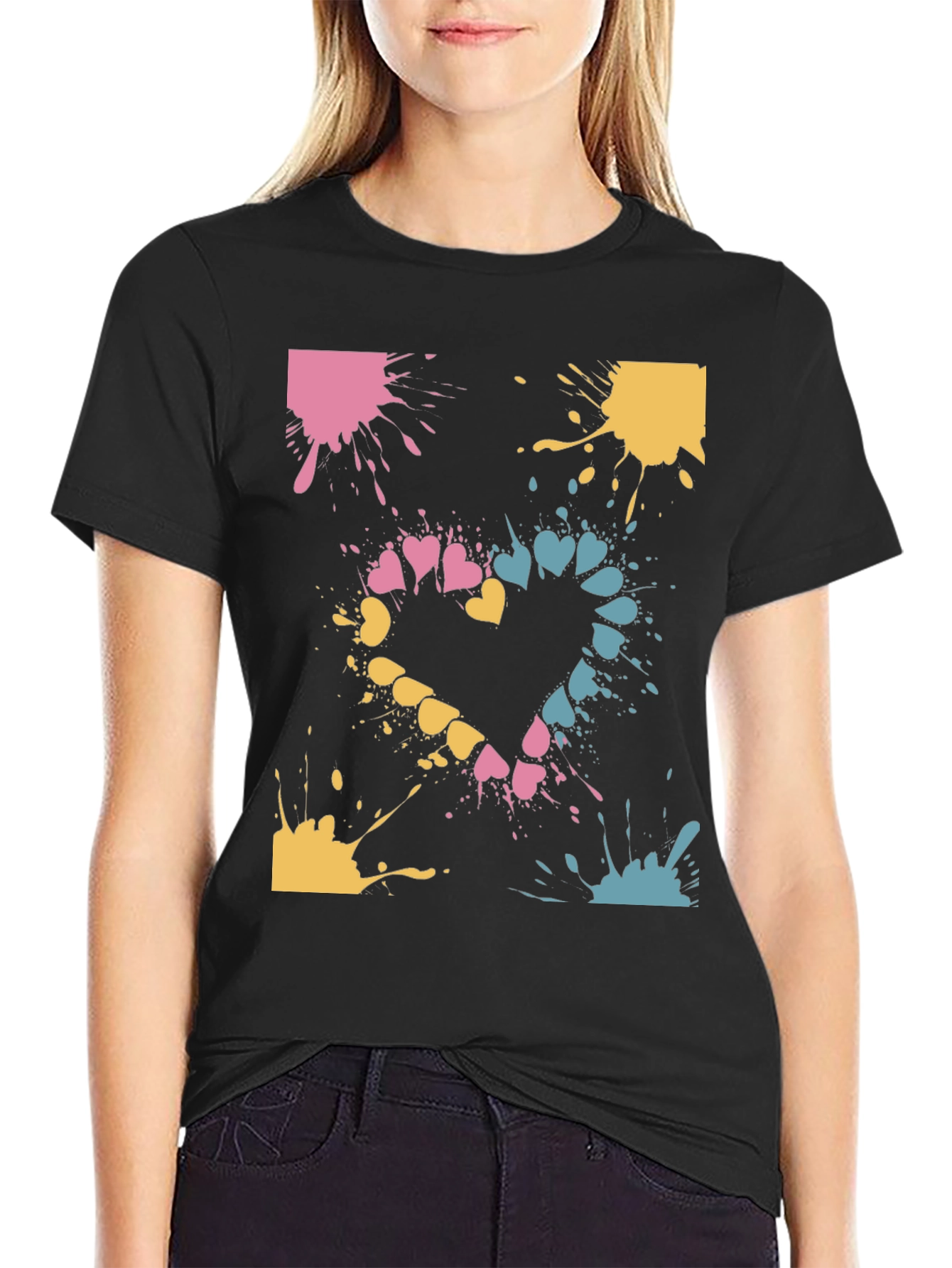 Heart Splash Graphic Tee - Casual Black T-Shirt