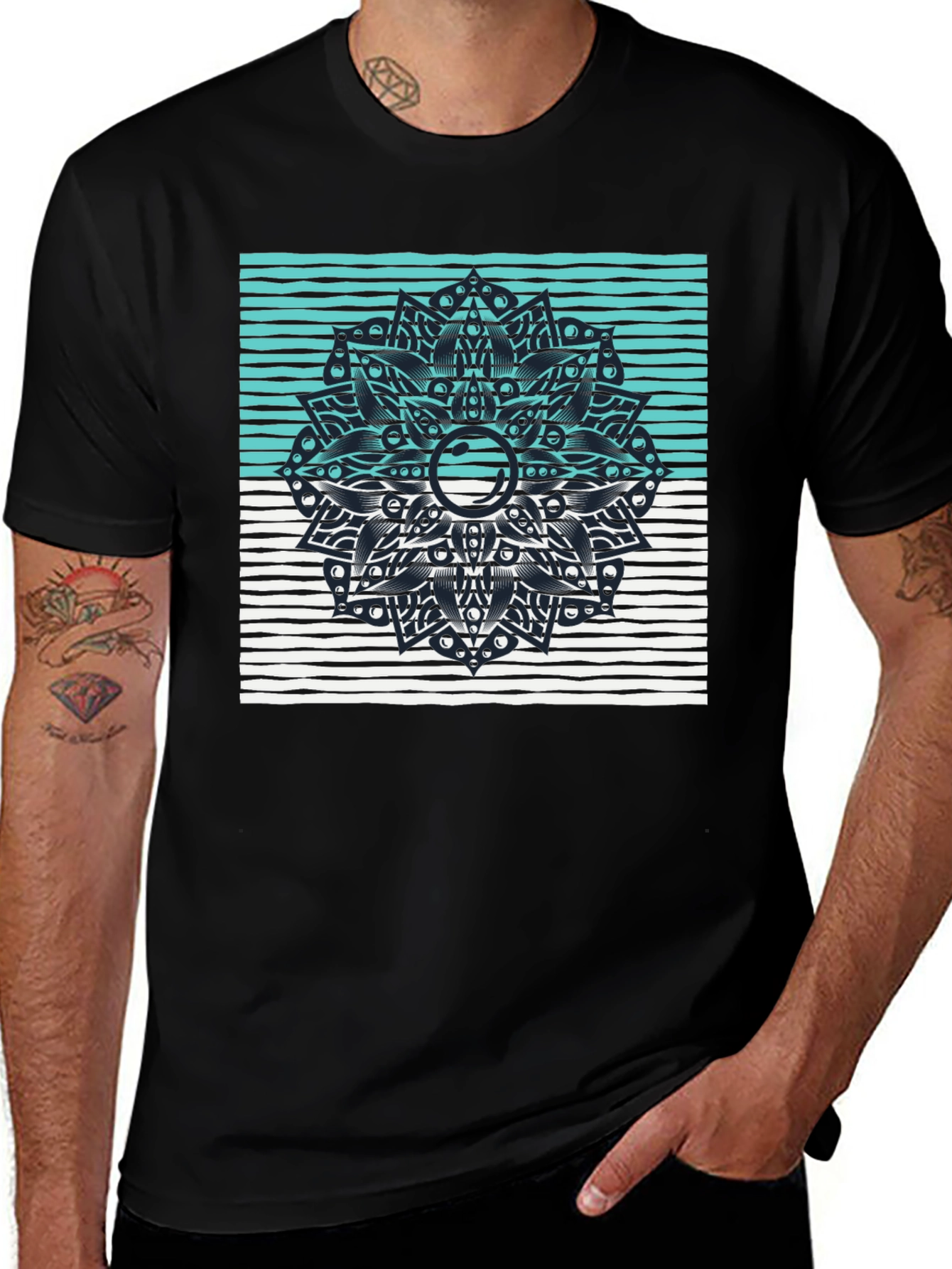 Black Graphic Tee with Geometric Mandala Design