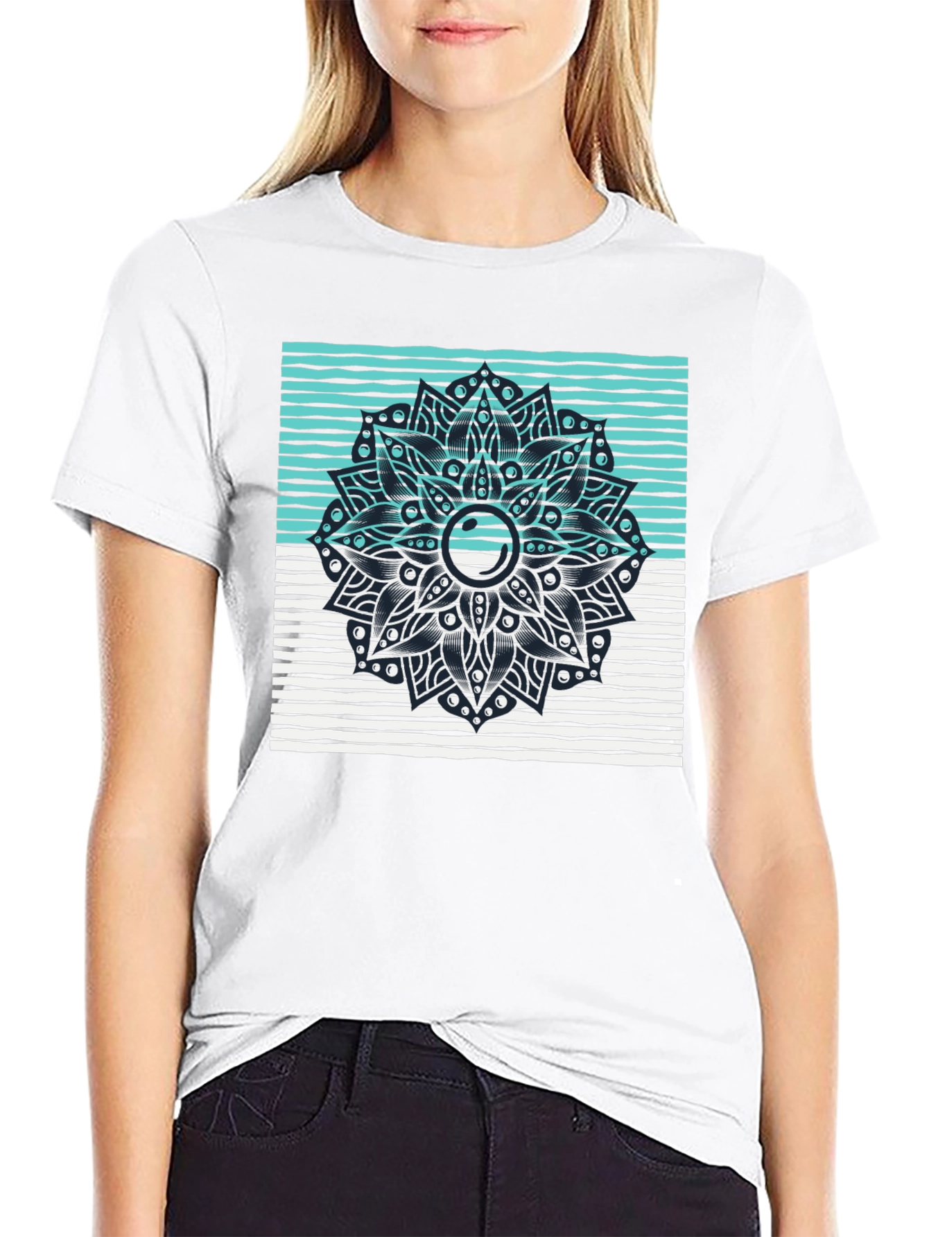 Black Graphic Tee with Geometric Mandala Design