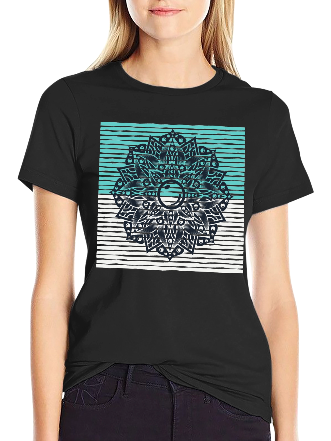 Black Graphic Tee with Geometric Mandala Design