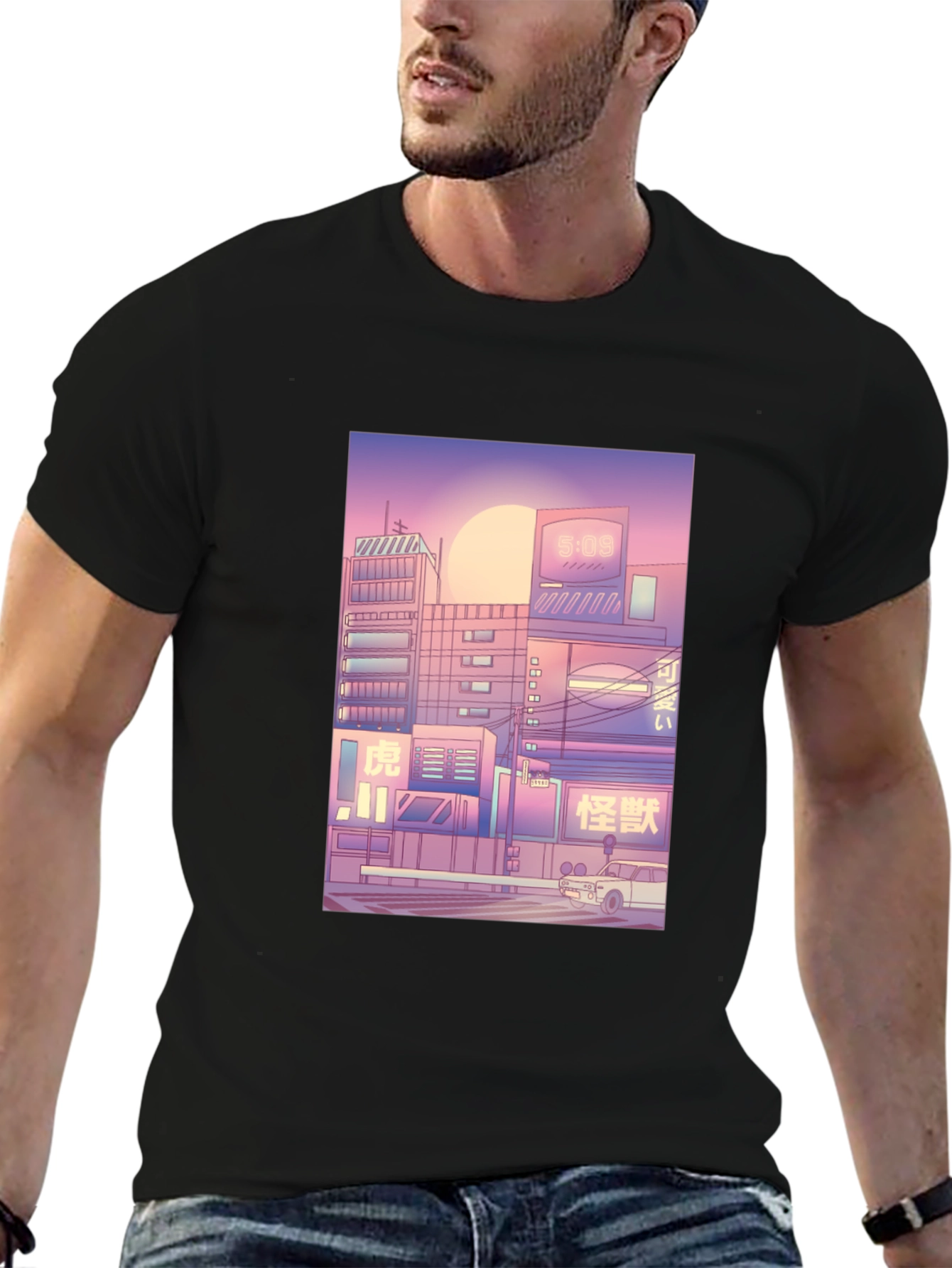Trendy Black T-Shirt with Cityscape Print
