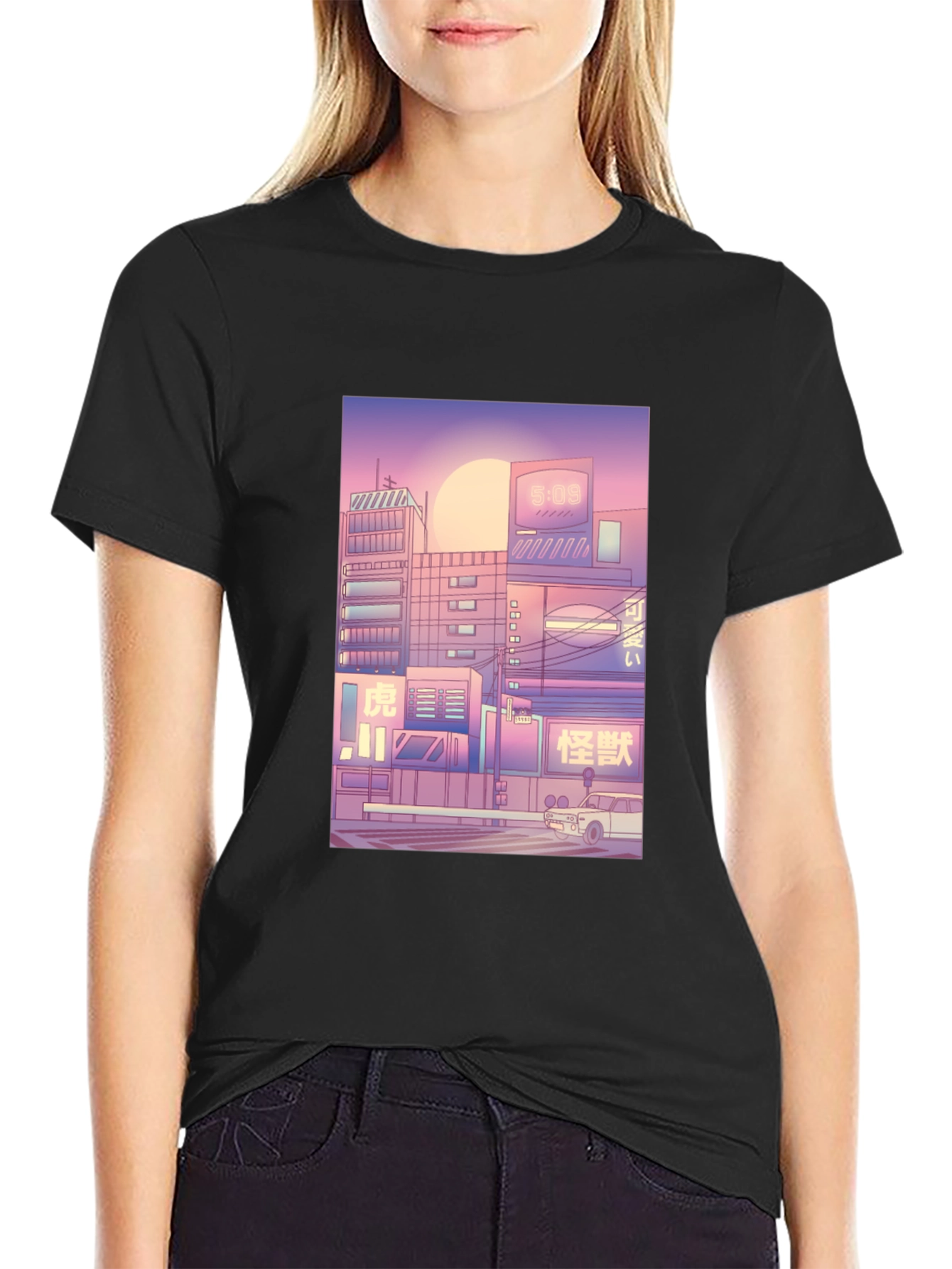 Trendy Black T-Shirt with Cityscape Print