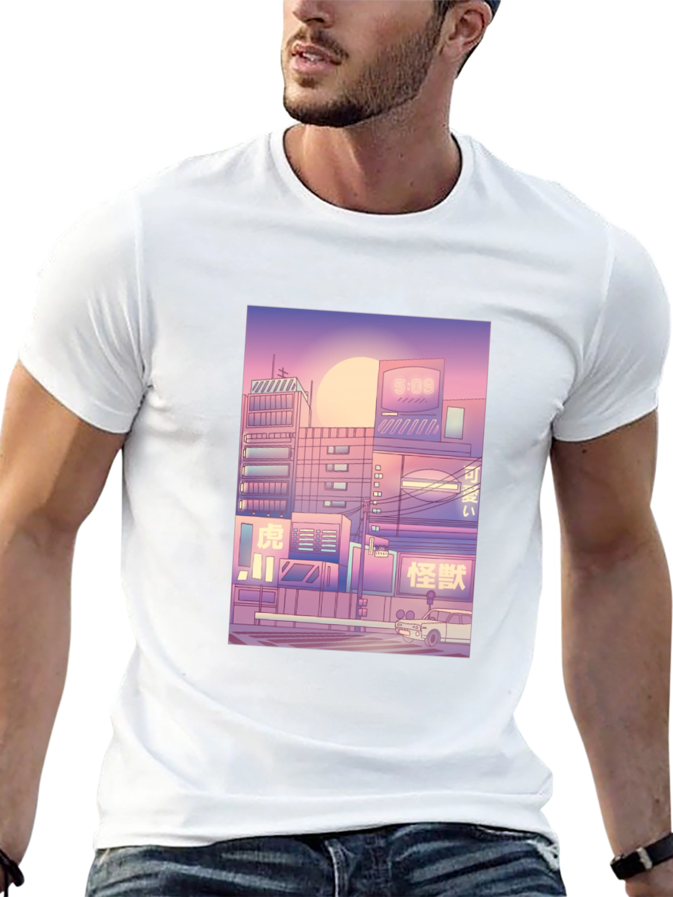 Trendy Black T-Shirt with Cityscape Print