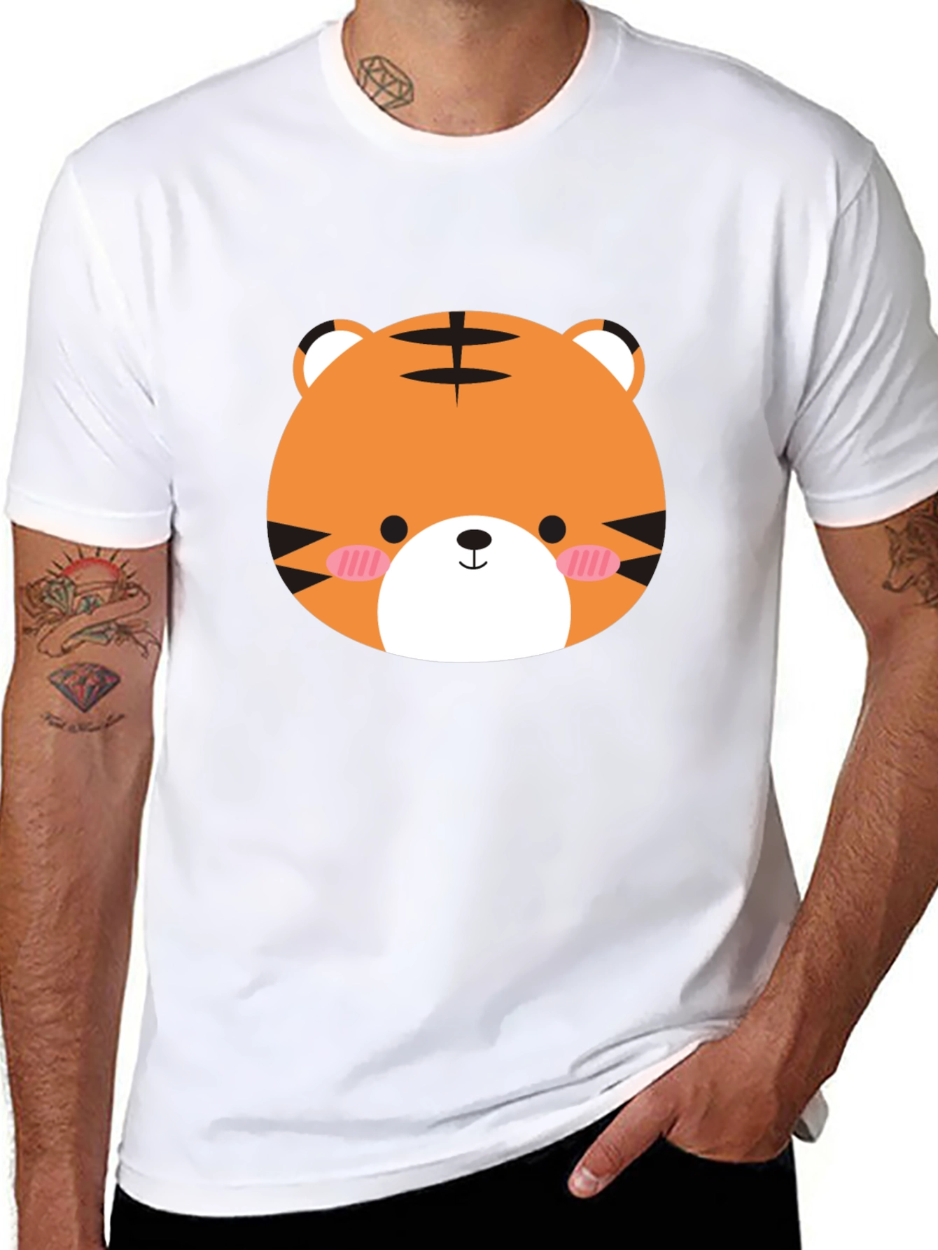 Cute Tiger Graphic Tee - Mens Black Cotton Shirt