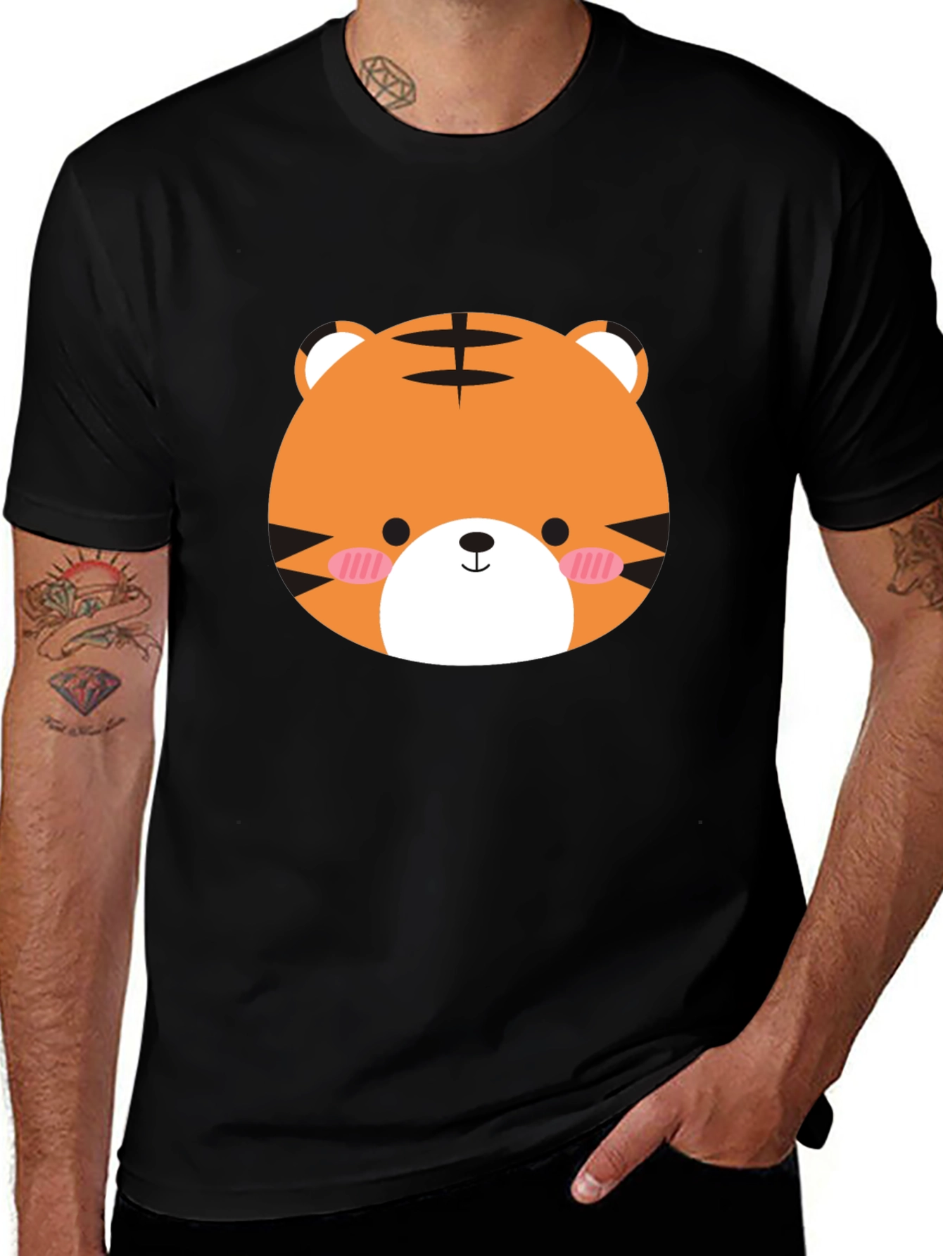 Cute Tiger Graphic Tee - Mens Black Cotton Shirt