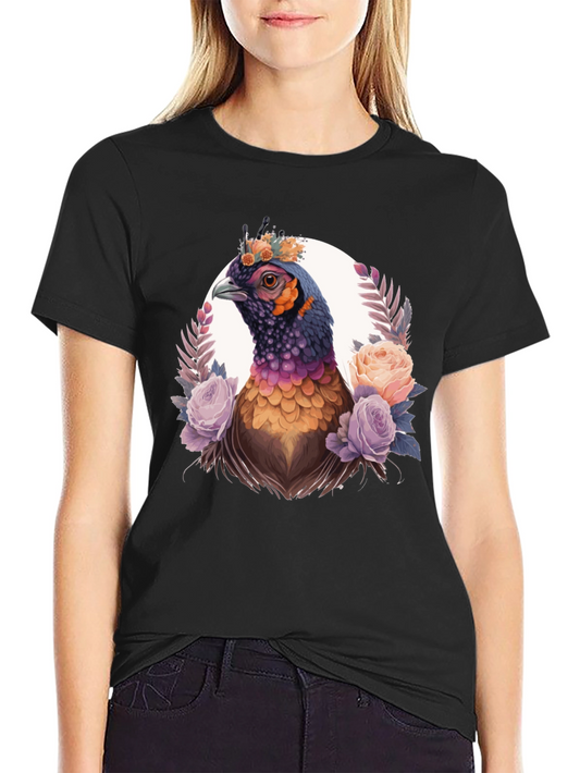 Floral Pheasant Graphic Tee - Black Unisex T-Shirt