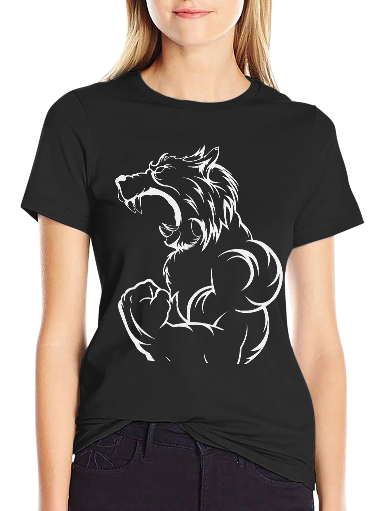 Black T-Shirt with Wolf Muscle Design