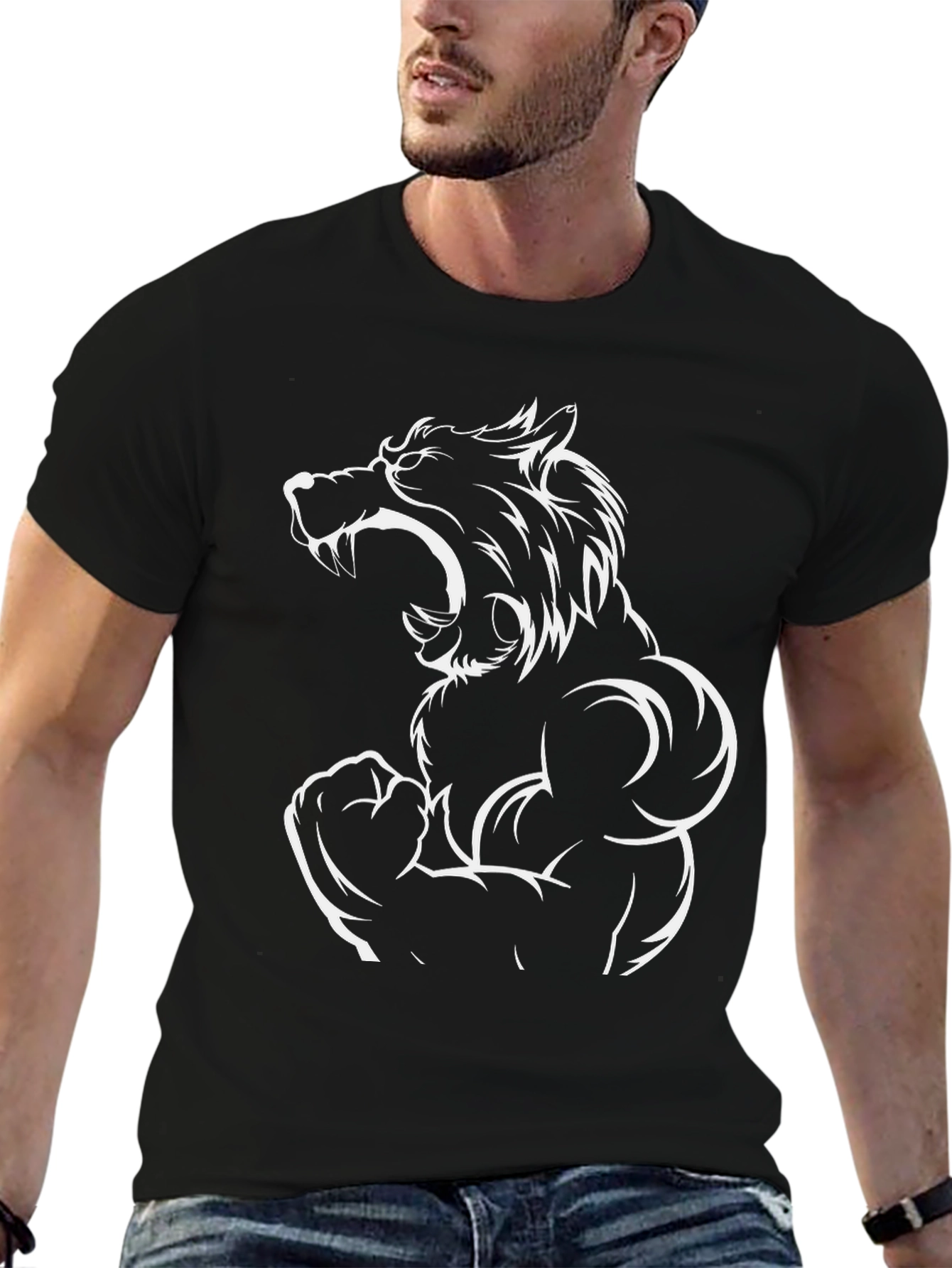 Black T-Shirt with Wolf Muscle Design
