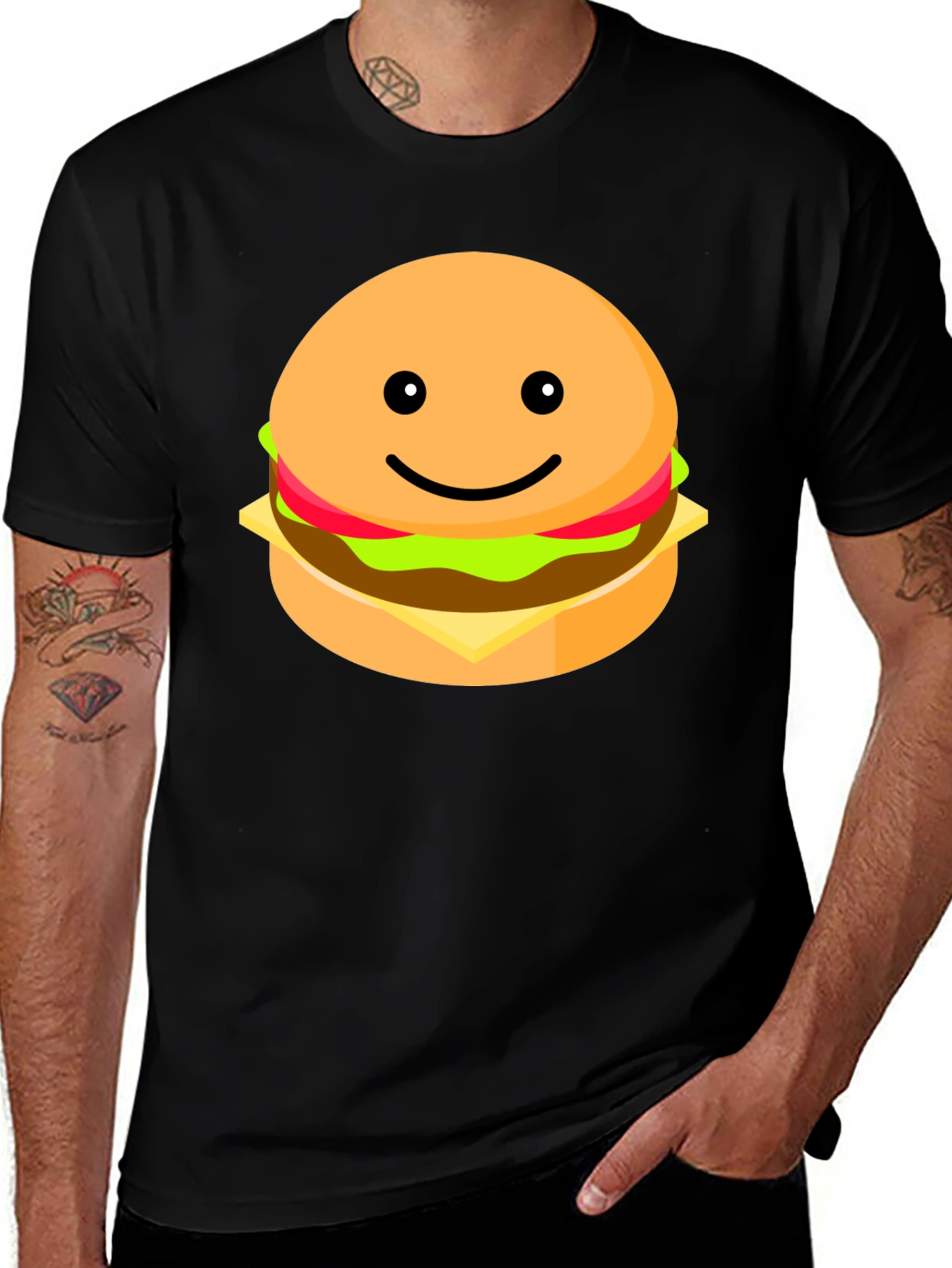 Smiling Burger Graphic Tee - Casual Black T-Shirt