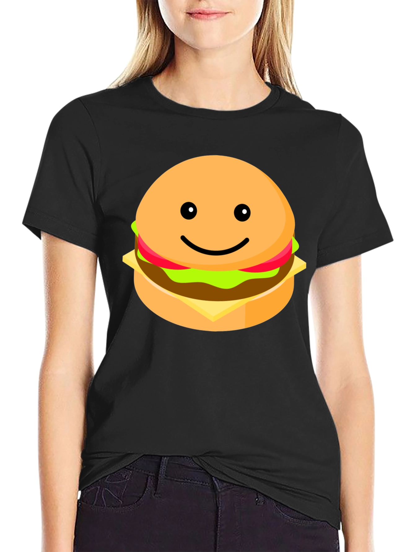 Smiling Burger Graphic Tee - Casual Black T-Shirt