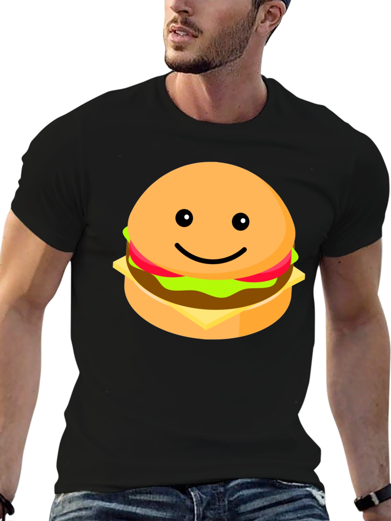 Smiling Burger Graphic Tee - Casual Black T-Shirt