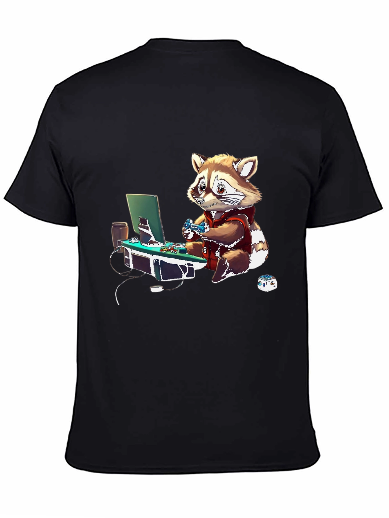 Gamer Raccoon Graphic Tee - Black Casual Shirt