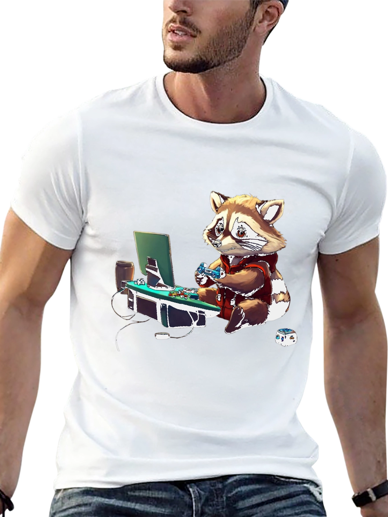 Gamer Raccoon Graphic Tee - Black Casual Shirt