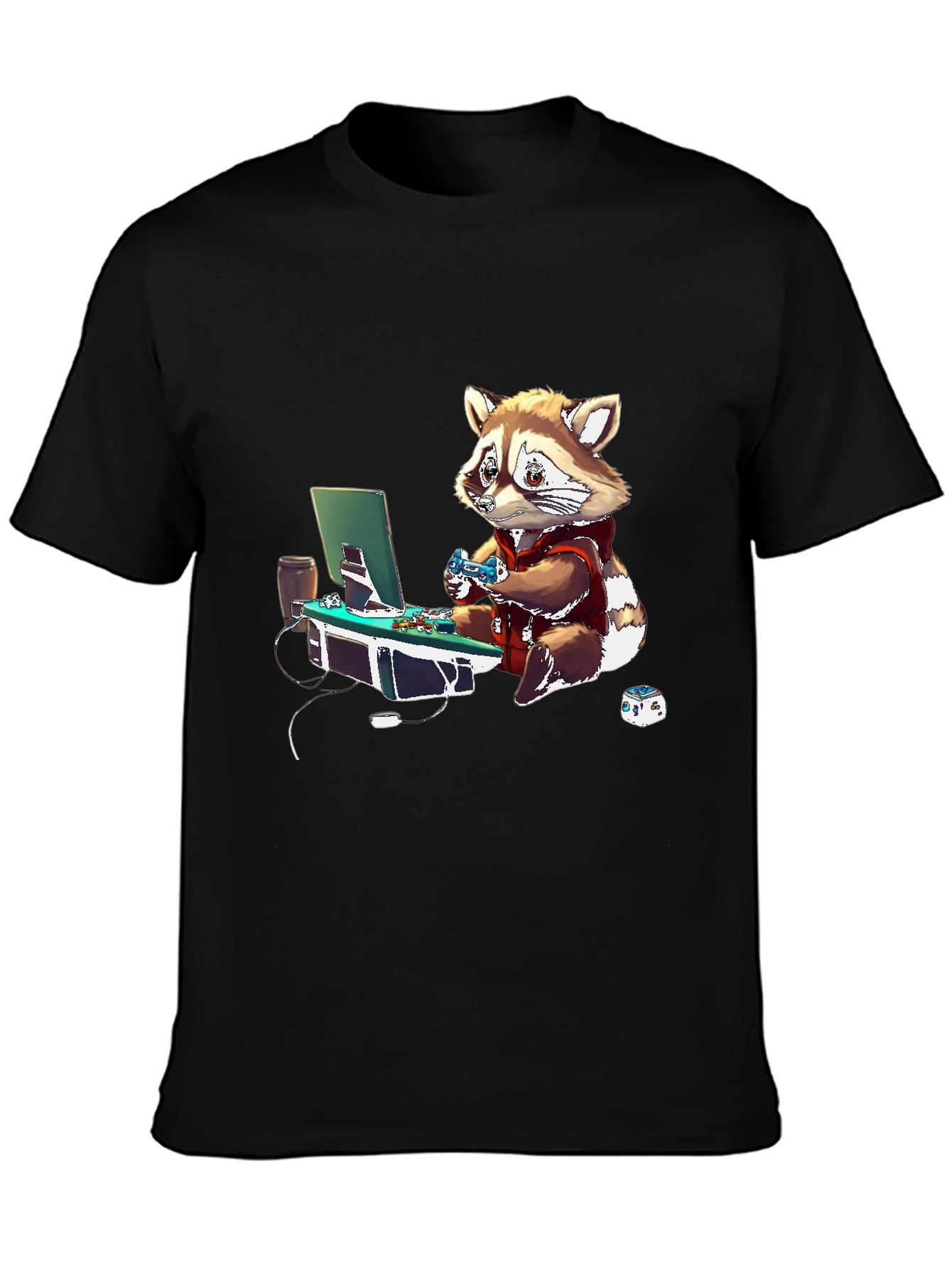 Gamer Raccoon Graphic Tee - Black Casual Shirt