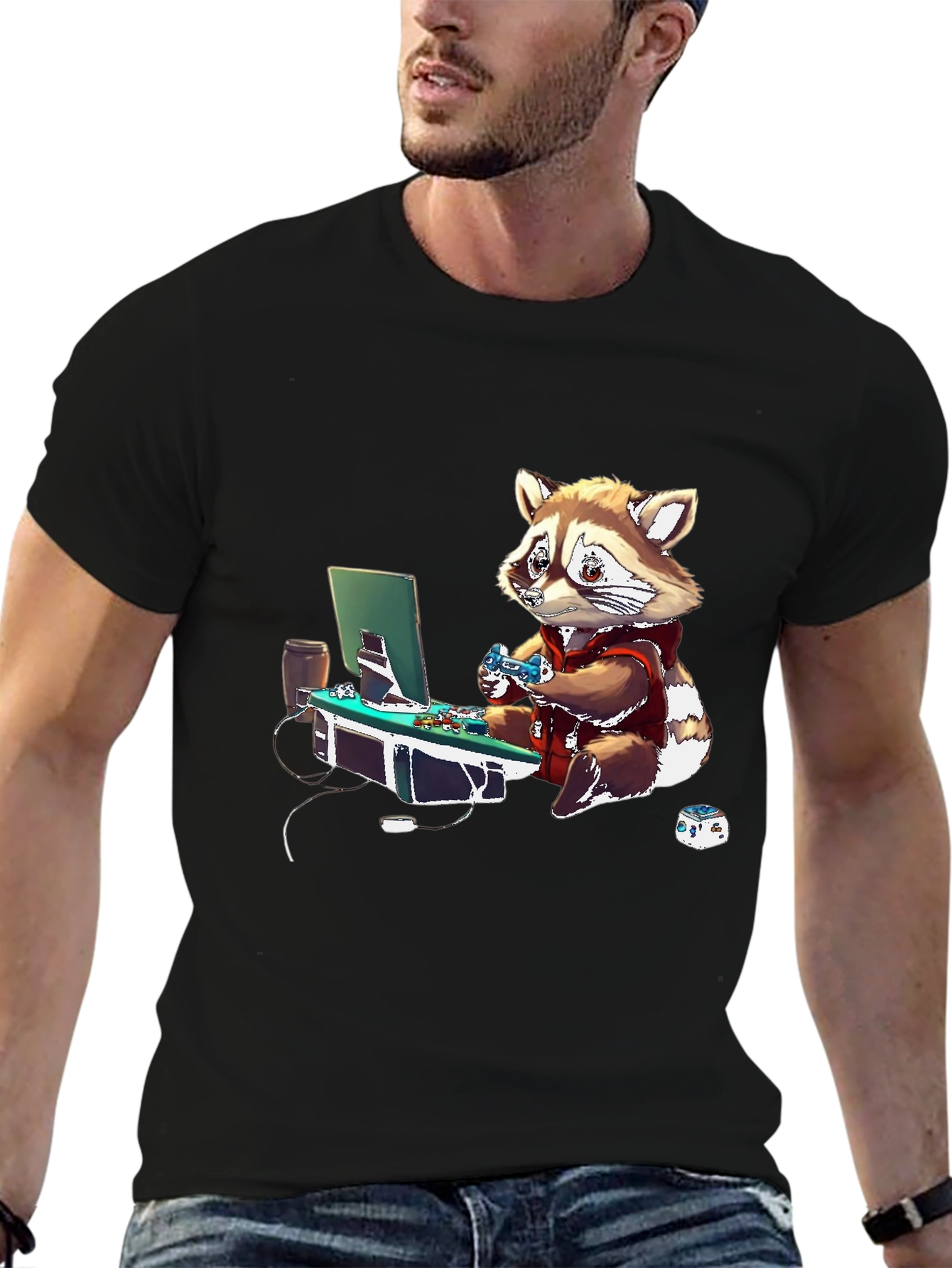 Gamer Raccoon Graphic Tee - Black Casual Shirt