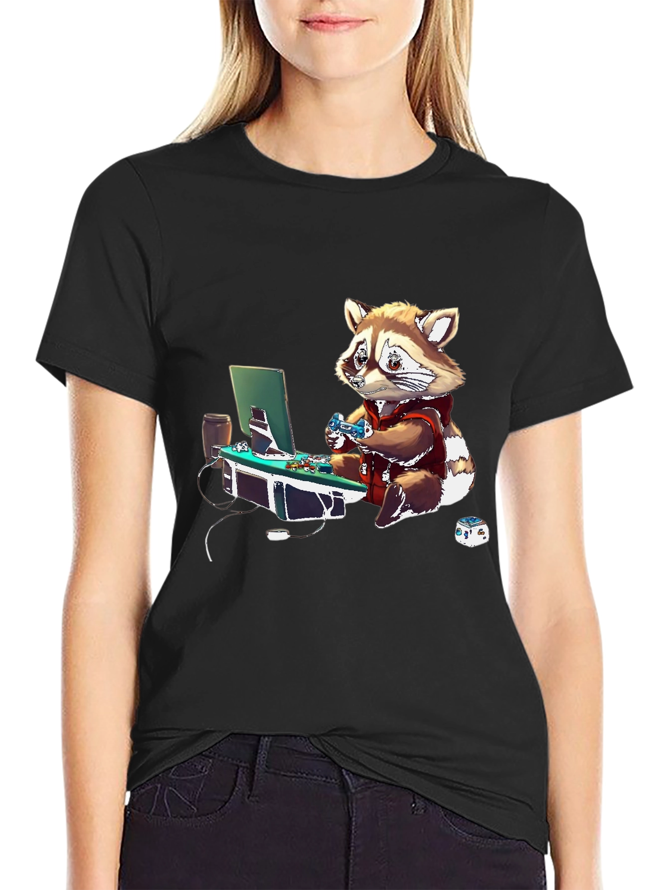 Gamer Raccoon Graphic Tee - Black Casual Shirt