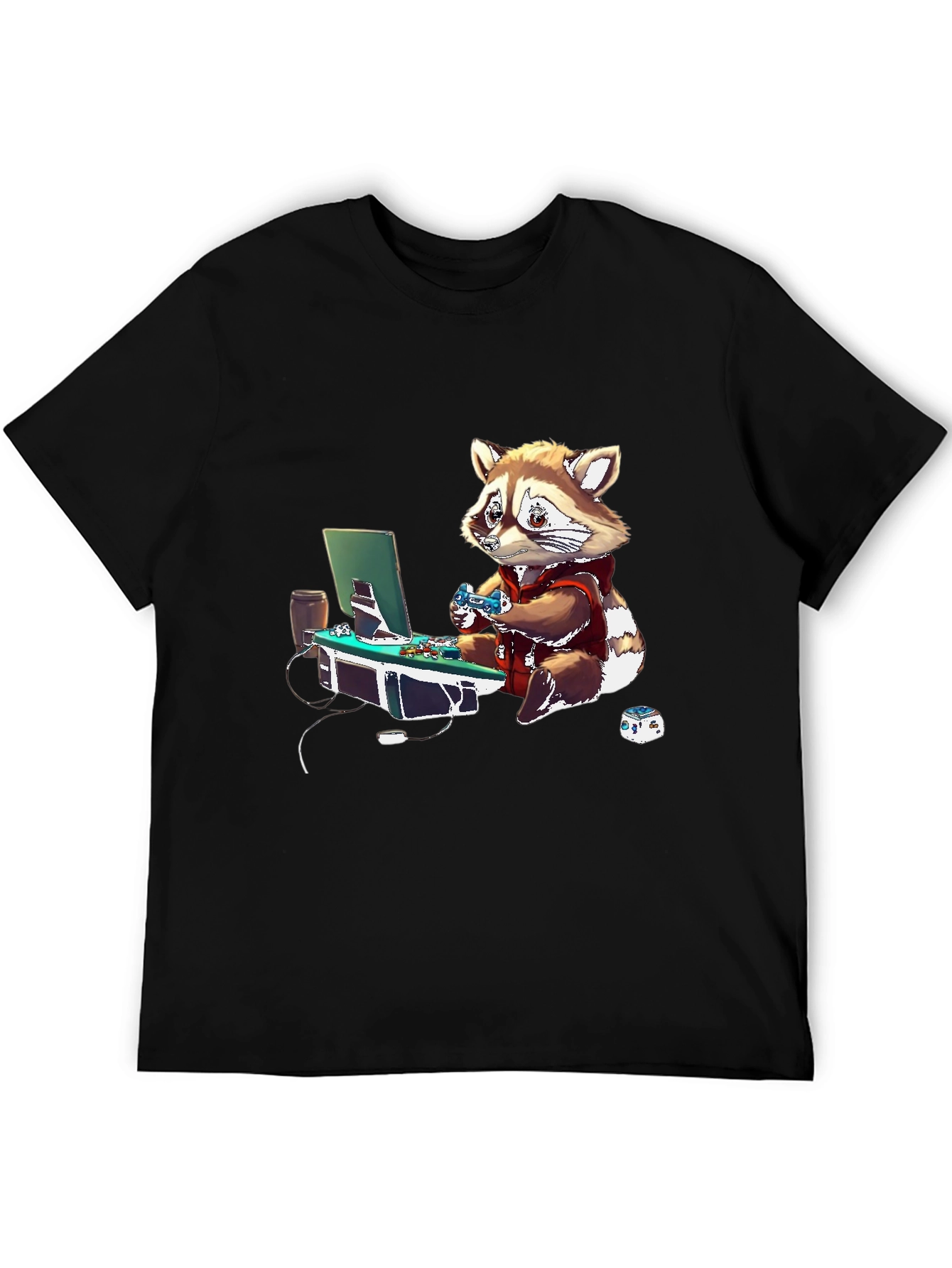 Gamer Raccoon Graphic Tee - Black Casual Shirt