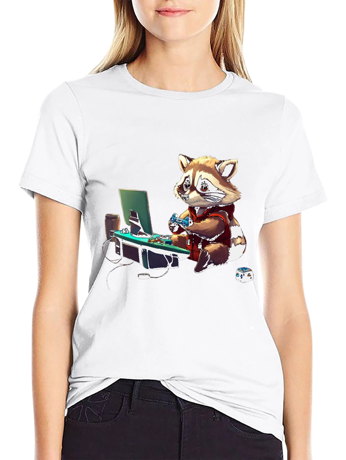 Gamer Raccoon Graphic Tee - Black Casual Shirt