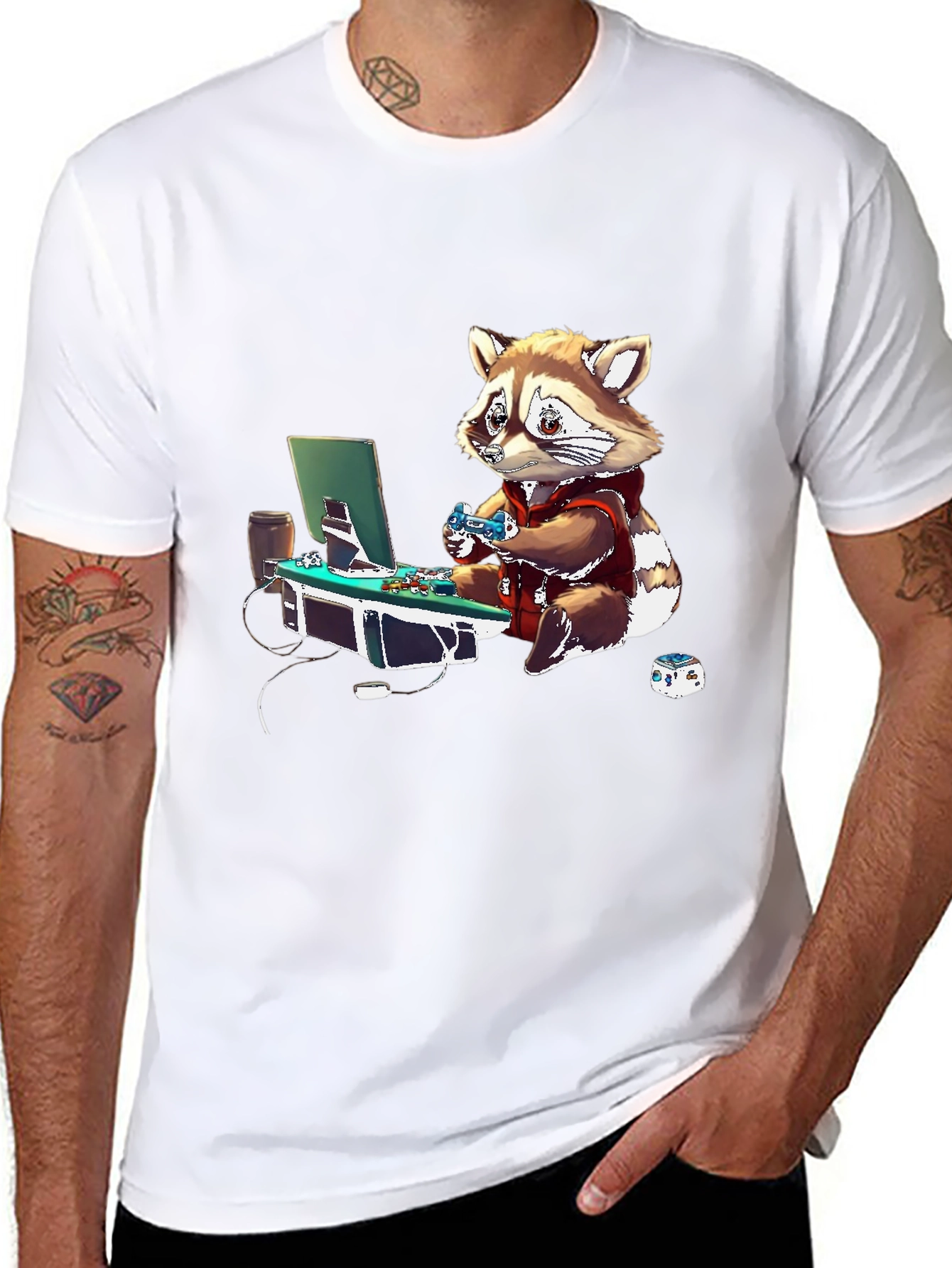 Gamer Raccoon Graphic Tee - Black Casual Shirt