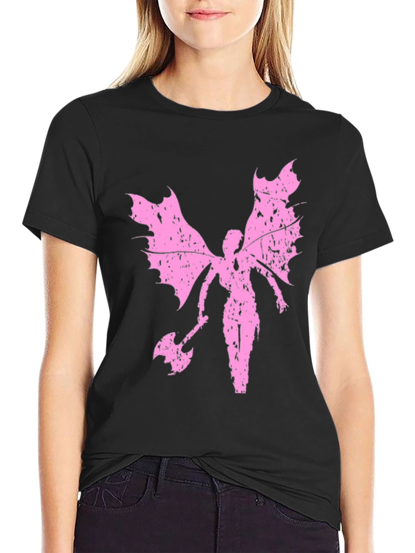 Grunge Winged Fairy Axe Black T-Shirt