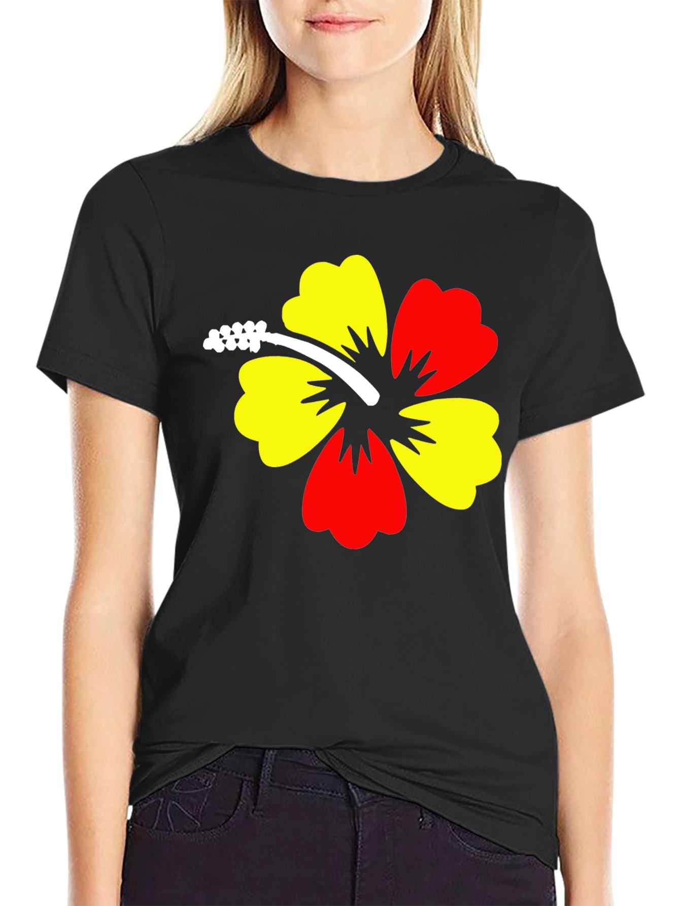 Hibiscus Flower Graphic Black T-Shirt
