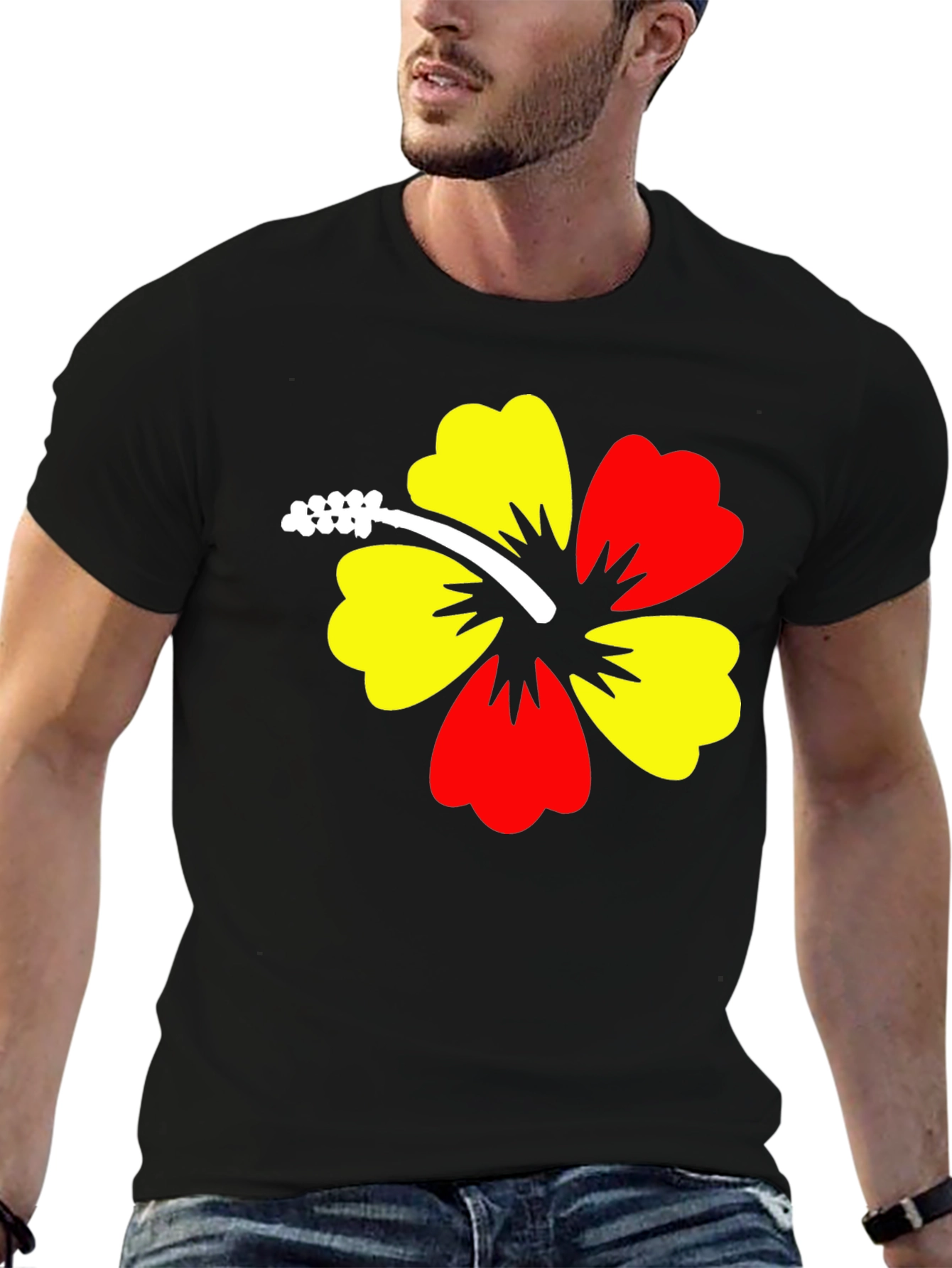 Hibiscus Flower Graphic Black T-Shirt