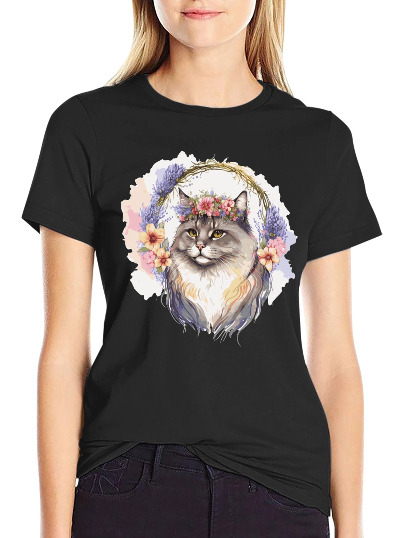Floral Crown Cat T-Shirt - Unisex Black Tee