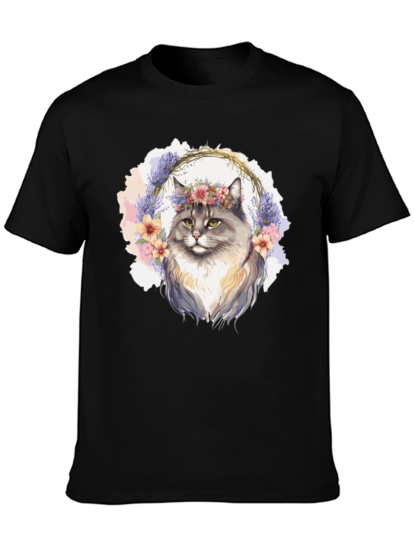 Floral Crown Cat T-Shirt - Unisex Black Tee