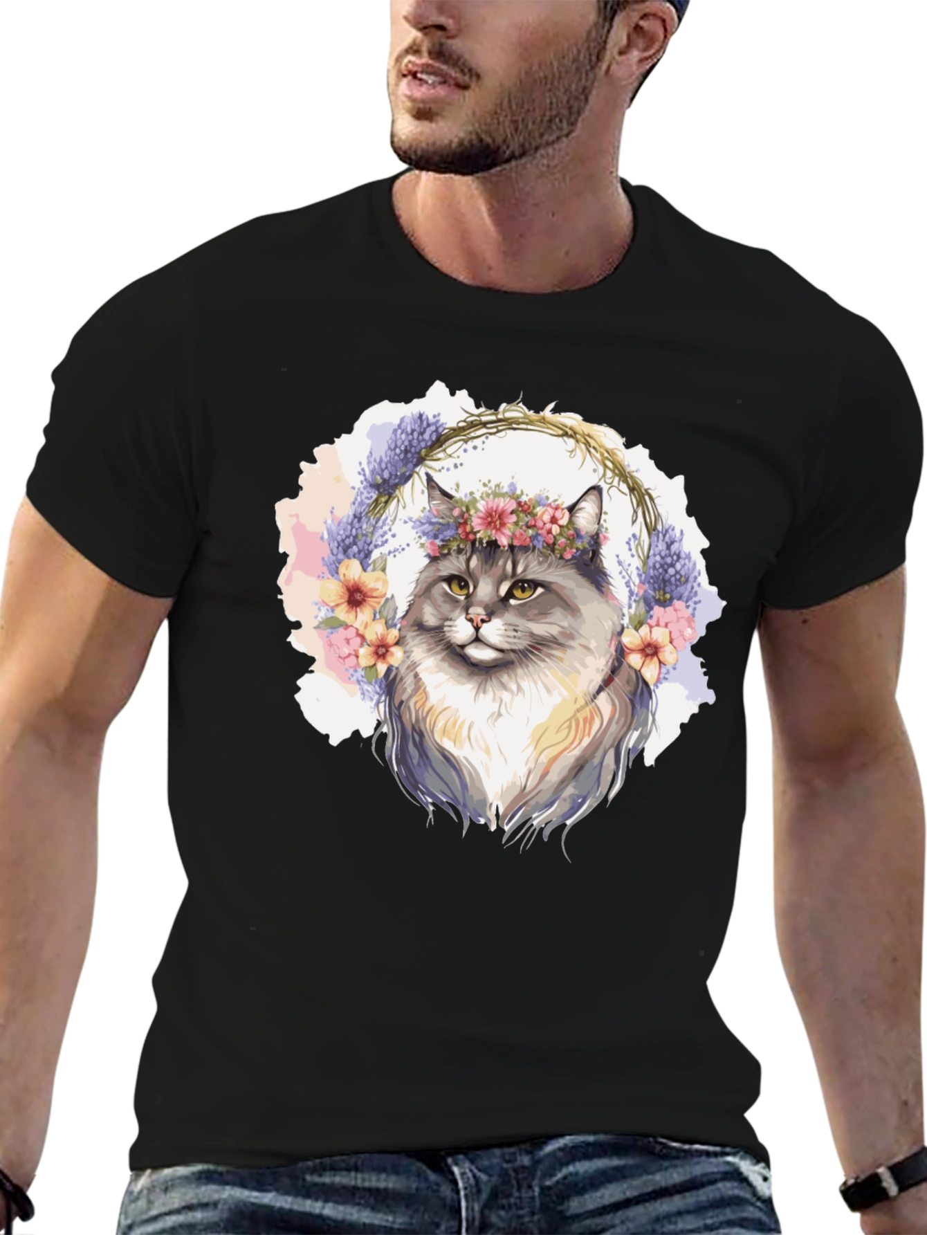 Floral Crown Cat T-Shirt - Unisex Black Tee