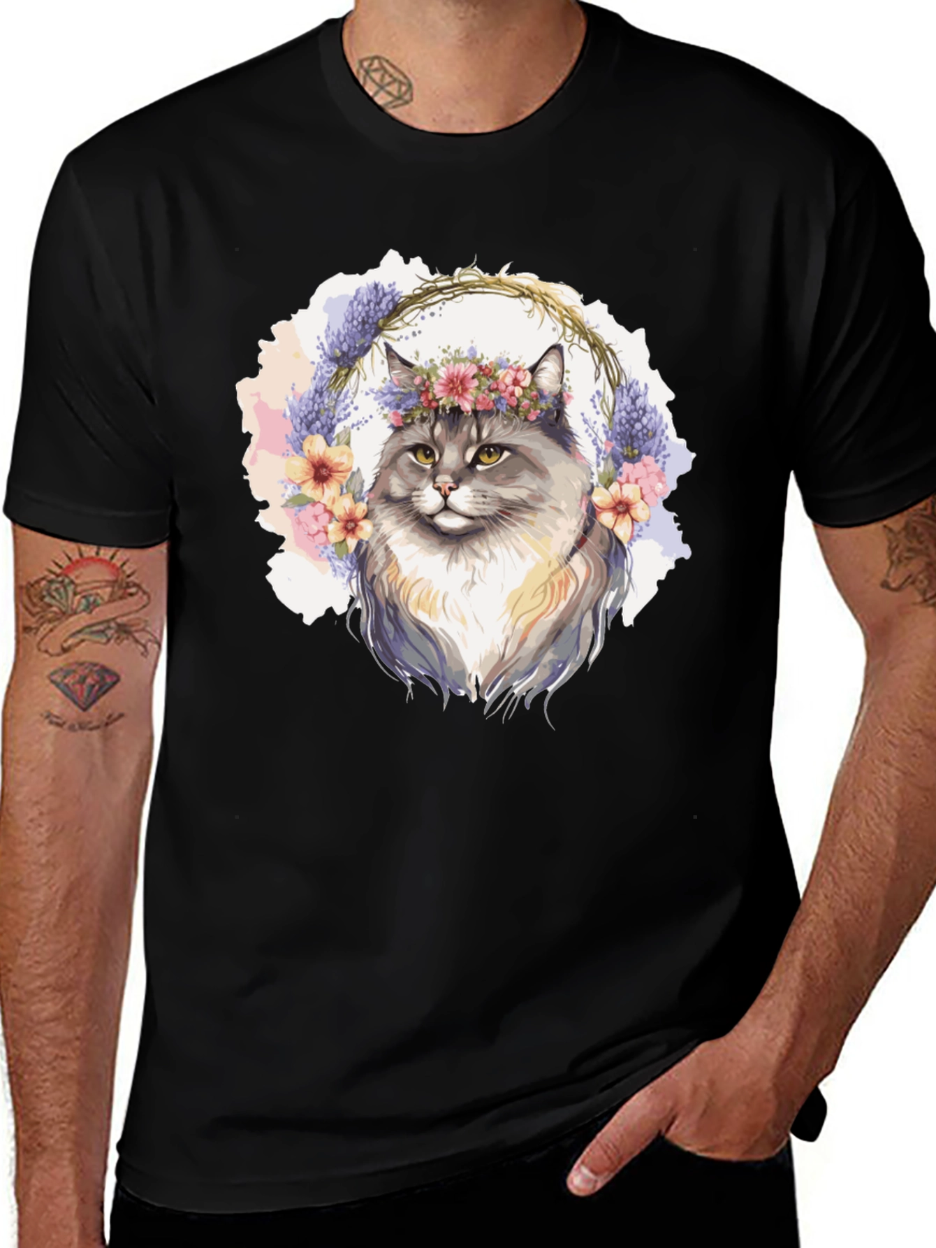 Floral Crown Cat T-Shirt - Unisex Black Tee