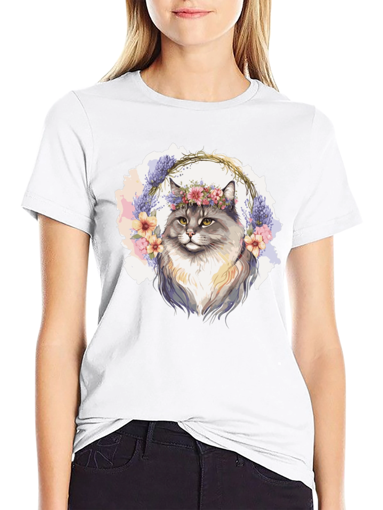 Floral Crown Cat T-Shirt - Unisex Black Tee