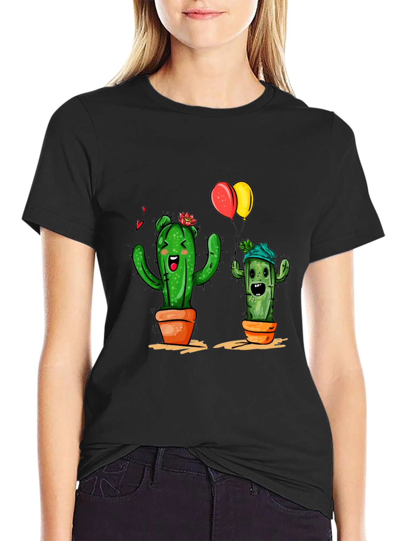 Cactus Love Graphic Tee - Black Cotton T-Shirt