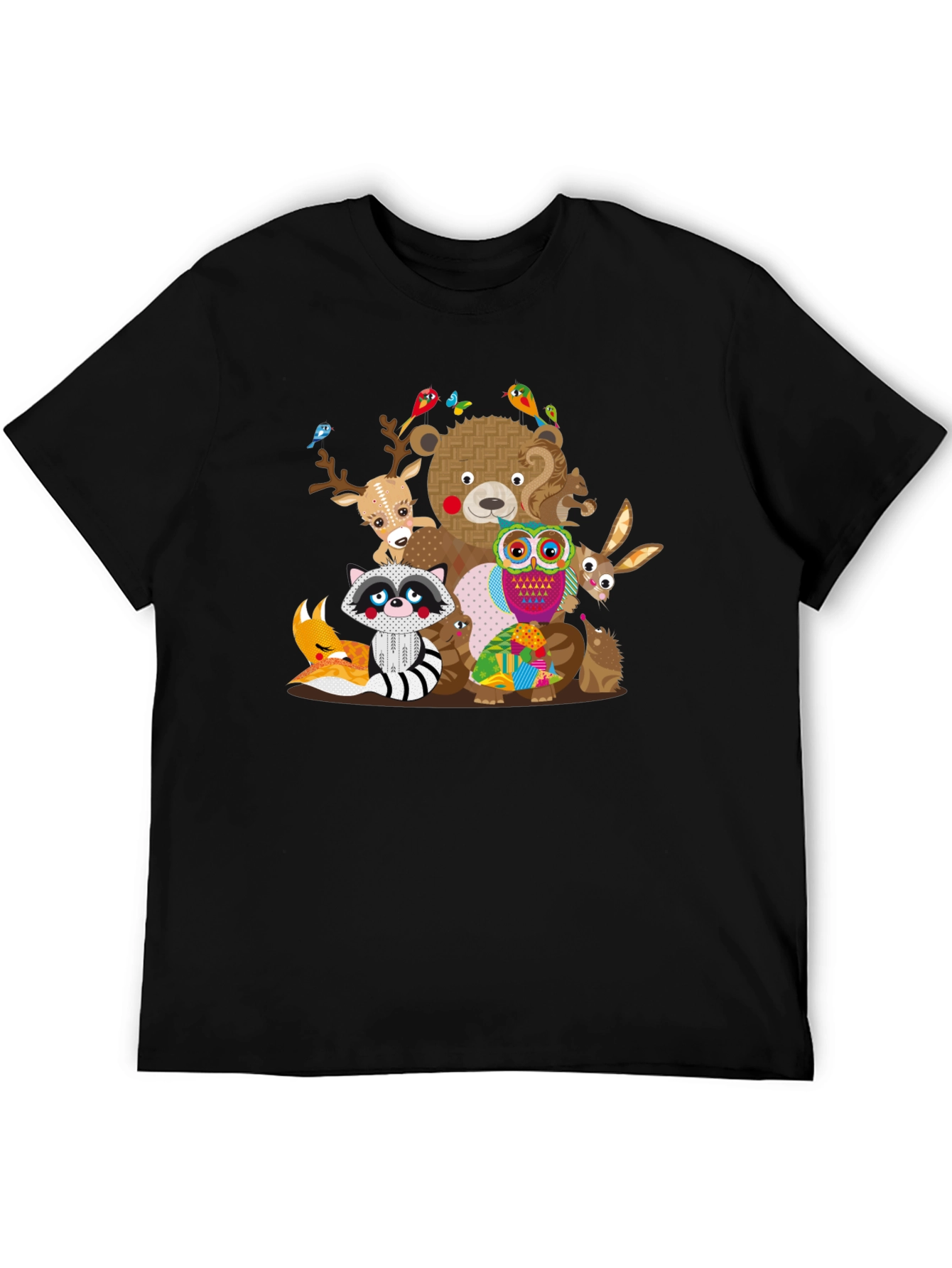 Cartoon Forest Friends Black T-Shirt