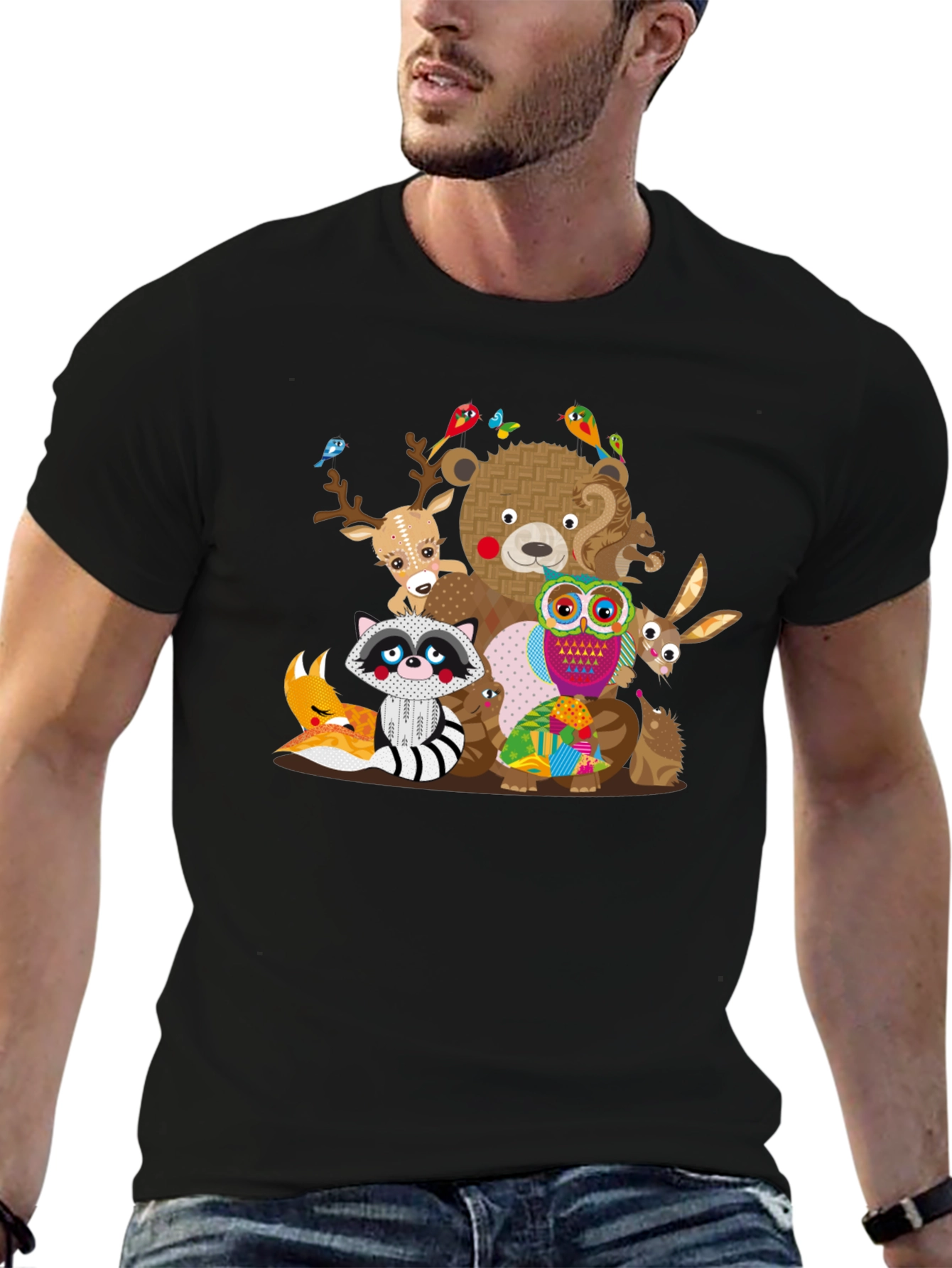 Cartoon Forest Friends Black T-Shirt