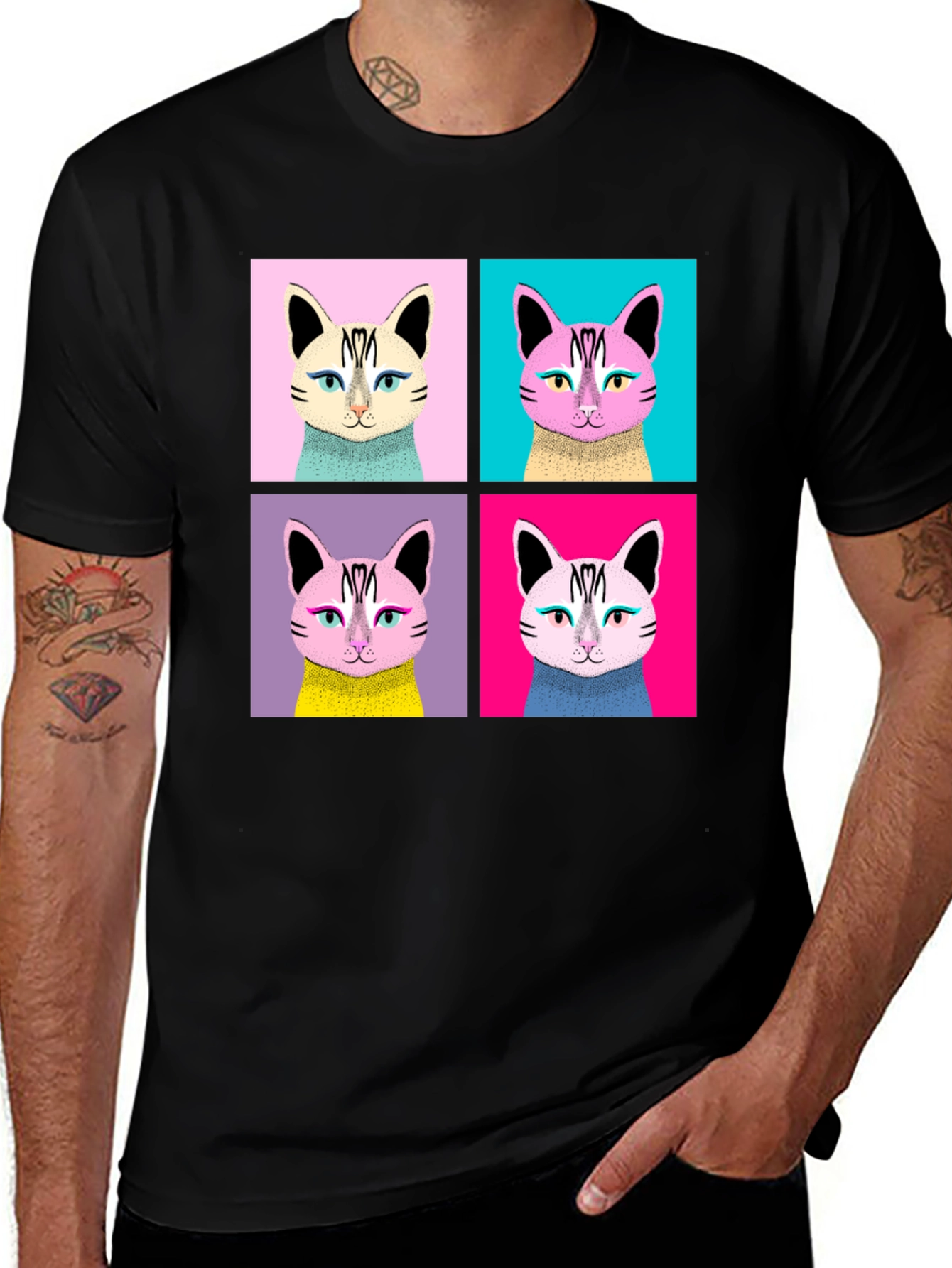 Pop Art Cat Graphic Black T-Shirt