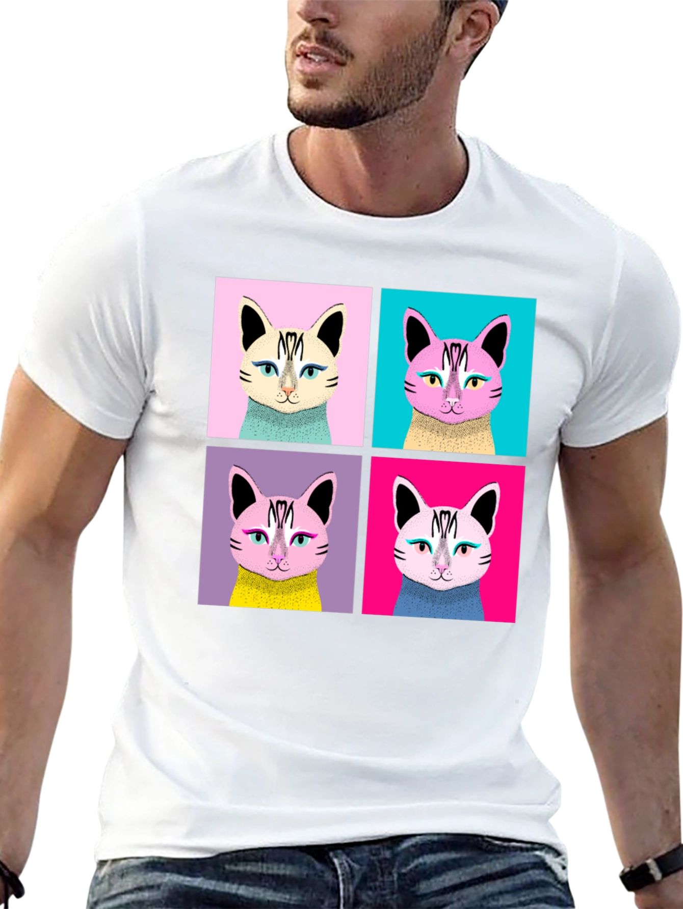 Pop Art Cat Graphic Black T-Shirt