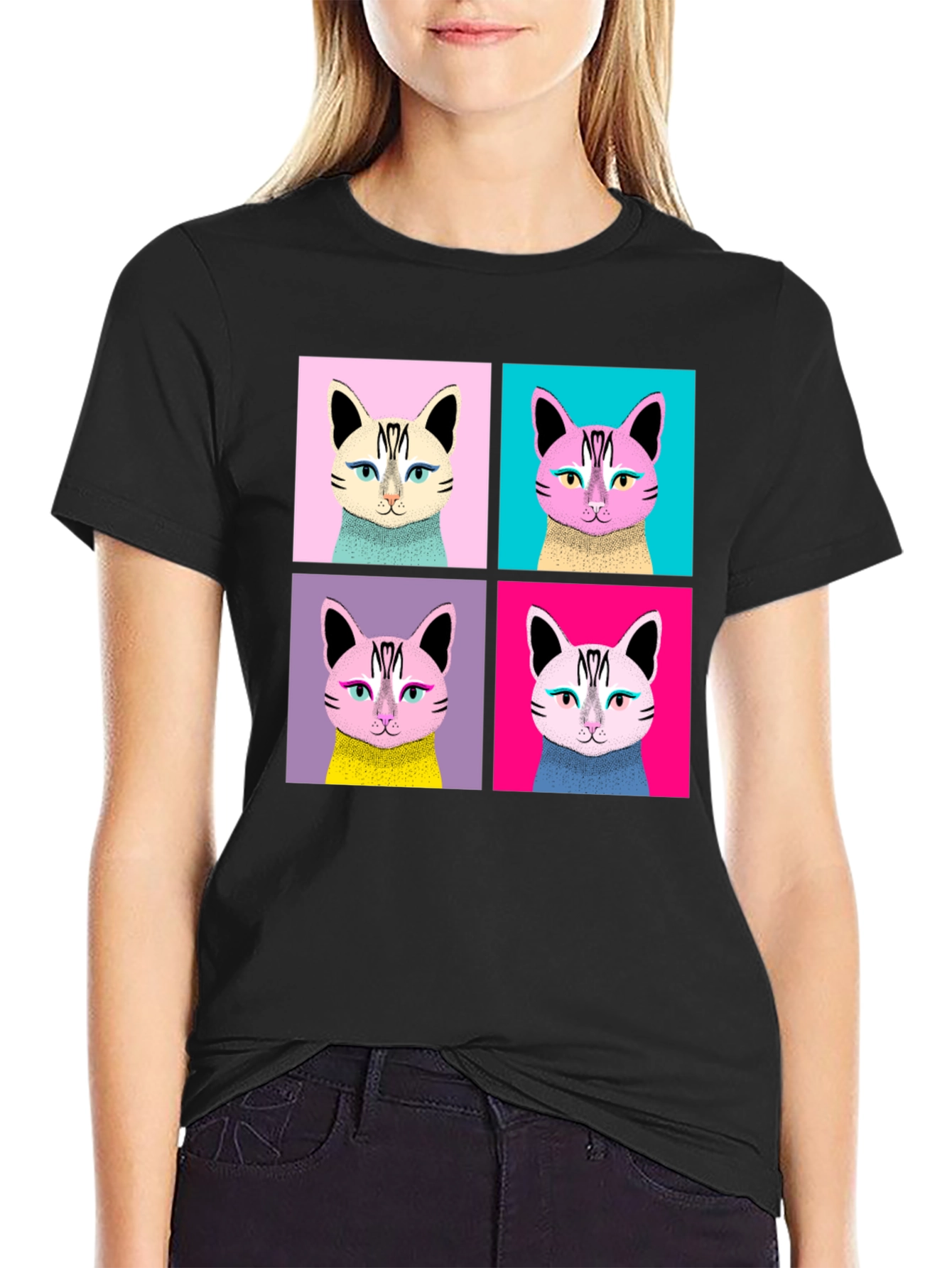 Pop Art Cat Graphic Black T-Shirt