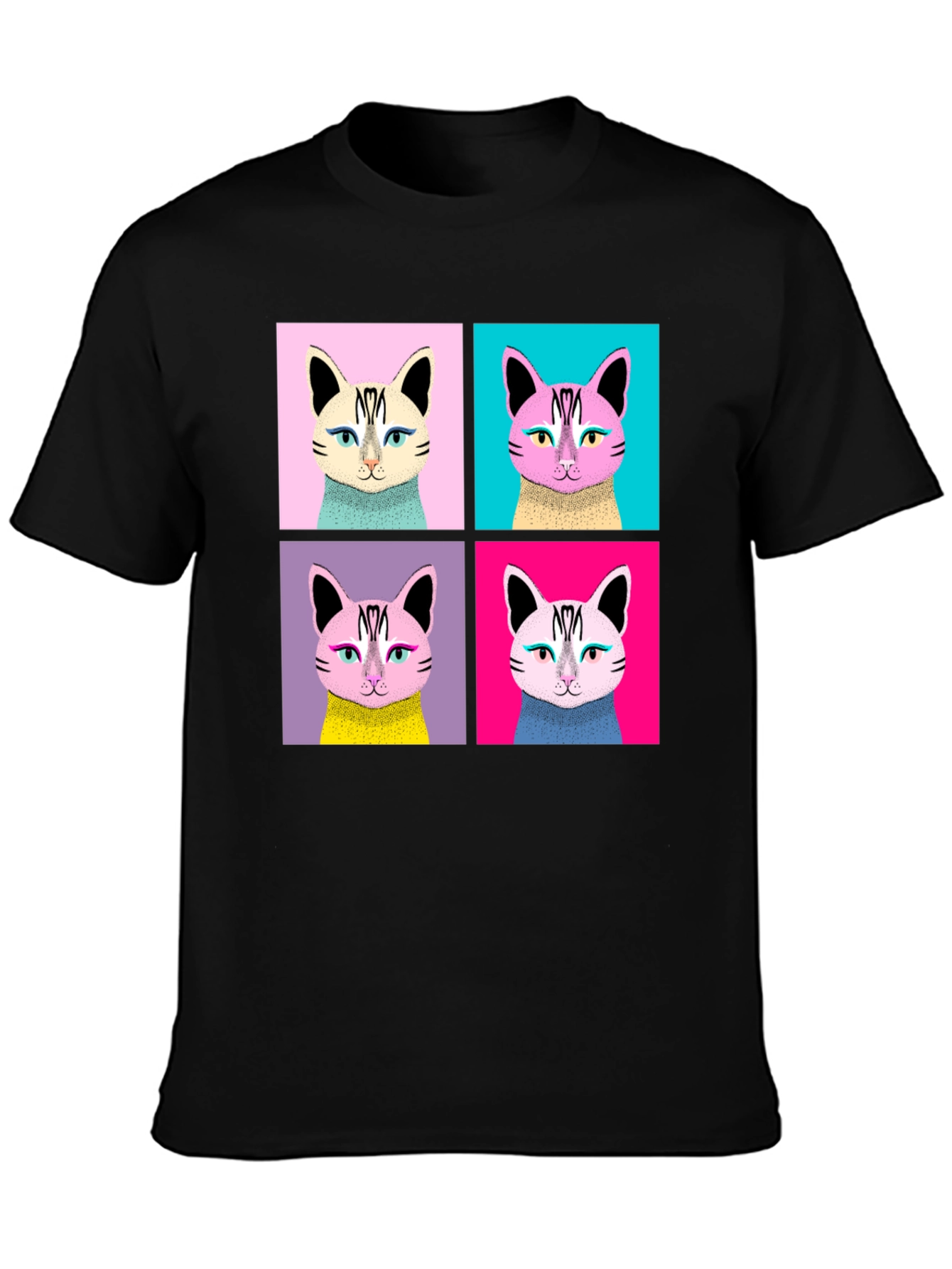 Pop Art Cat Graphic Black T-Shirt