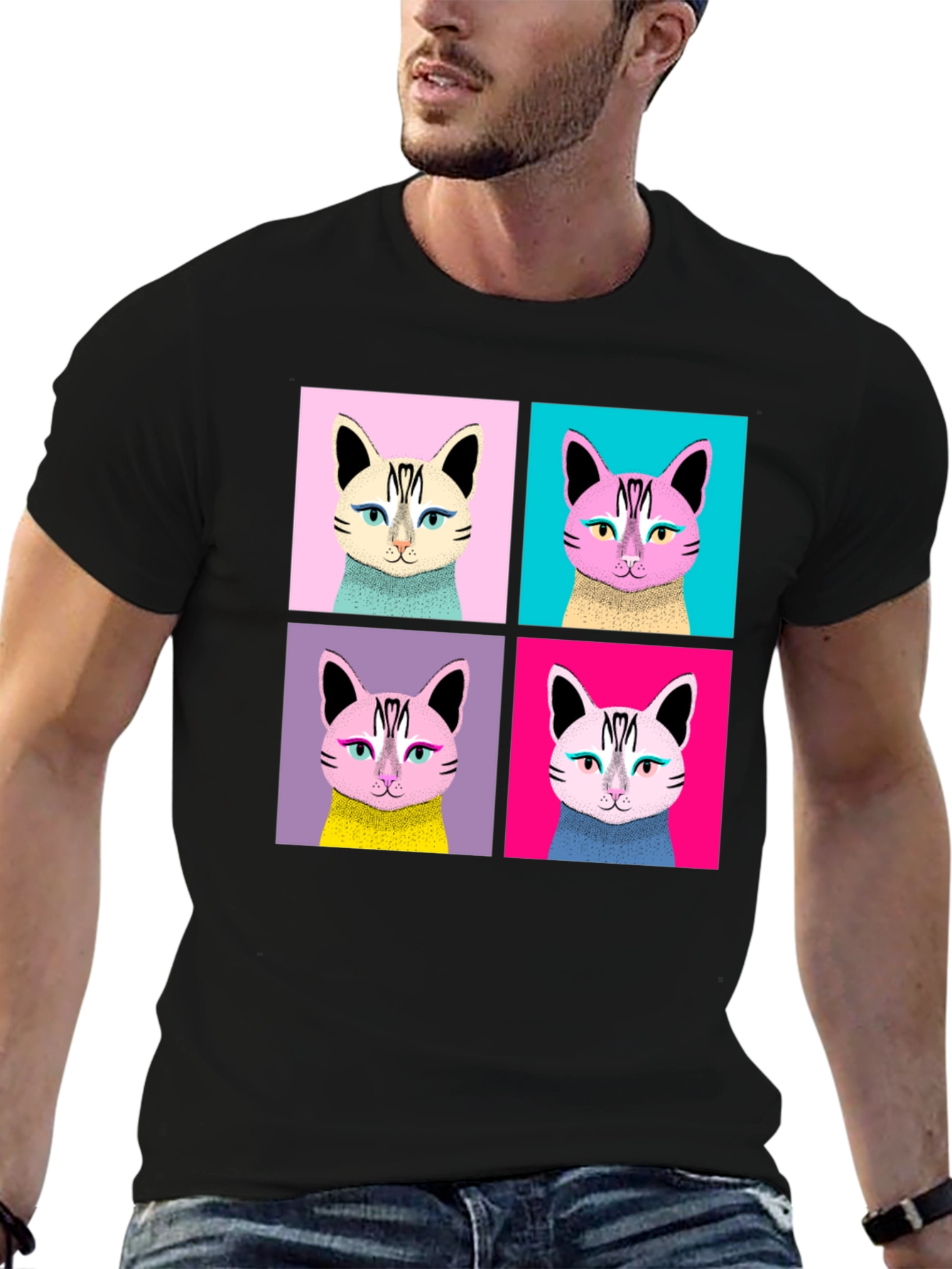 Pop Art Cat Graphic Black T-Shirt
