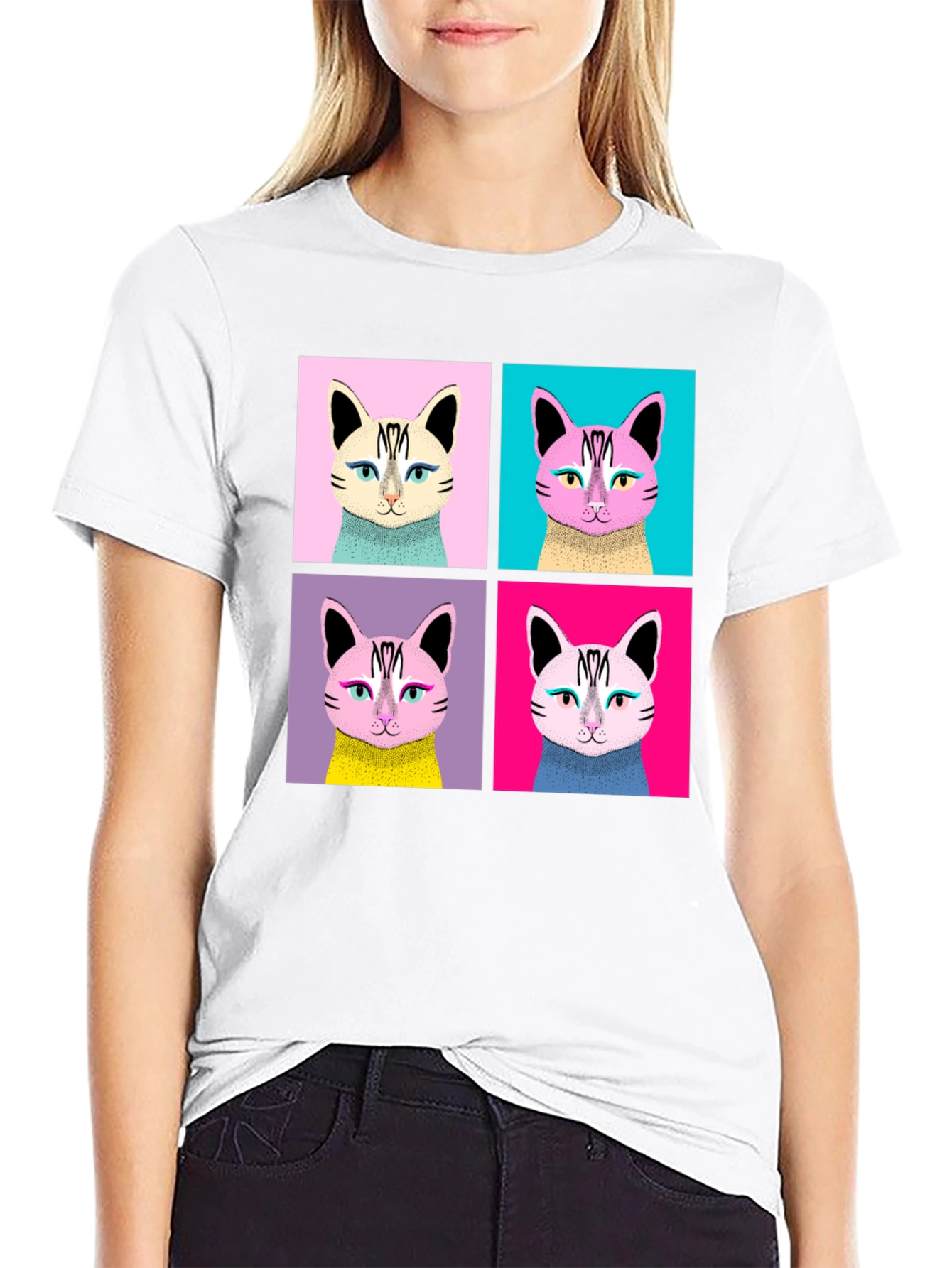 Pop Art Cat Graphic Black T-Shirt