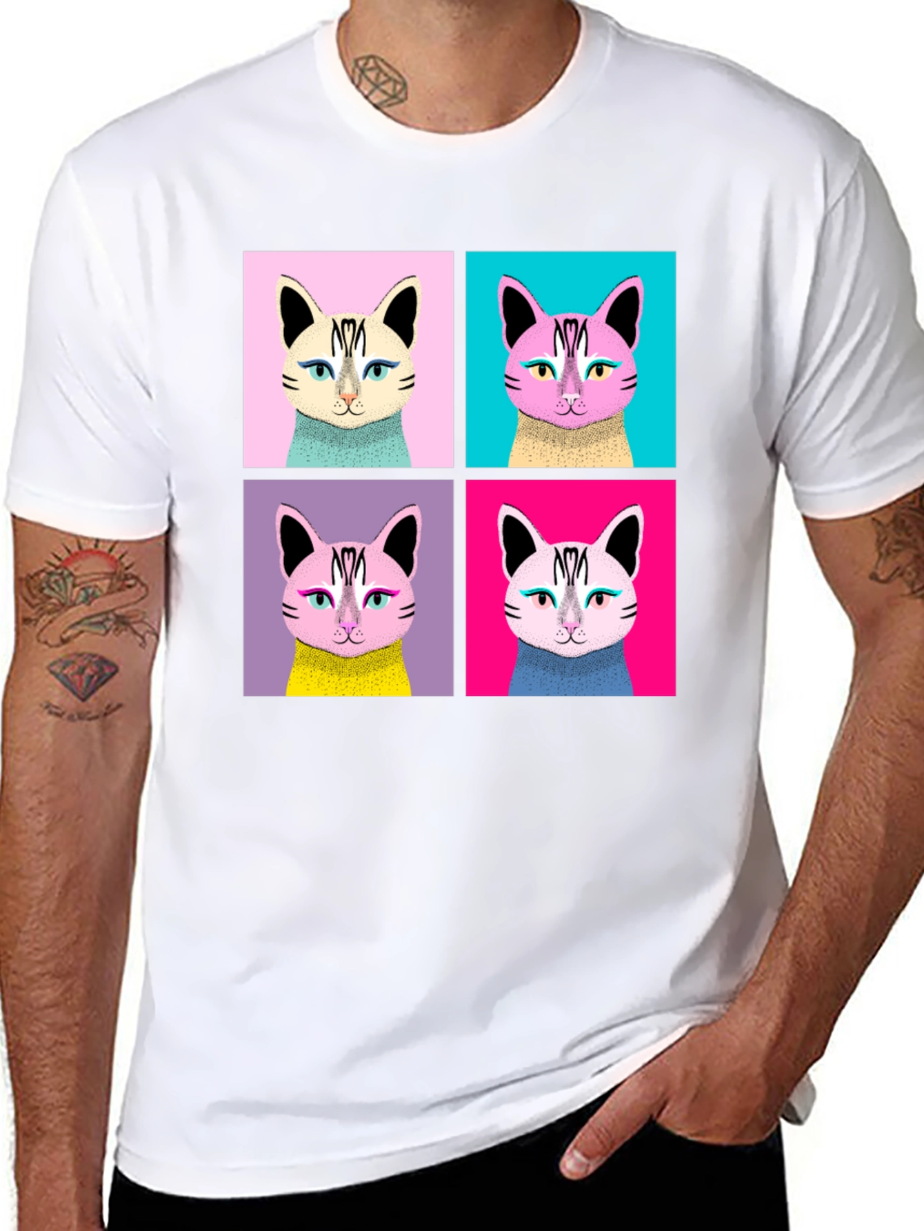 Pop Art Cat Graphic Black T-Shirt