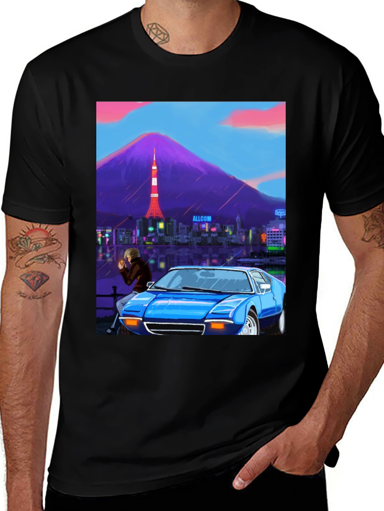 Tokyo Nights Graphic Tee - Blue Car & Cityscape