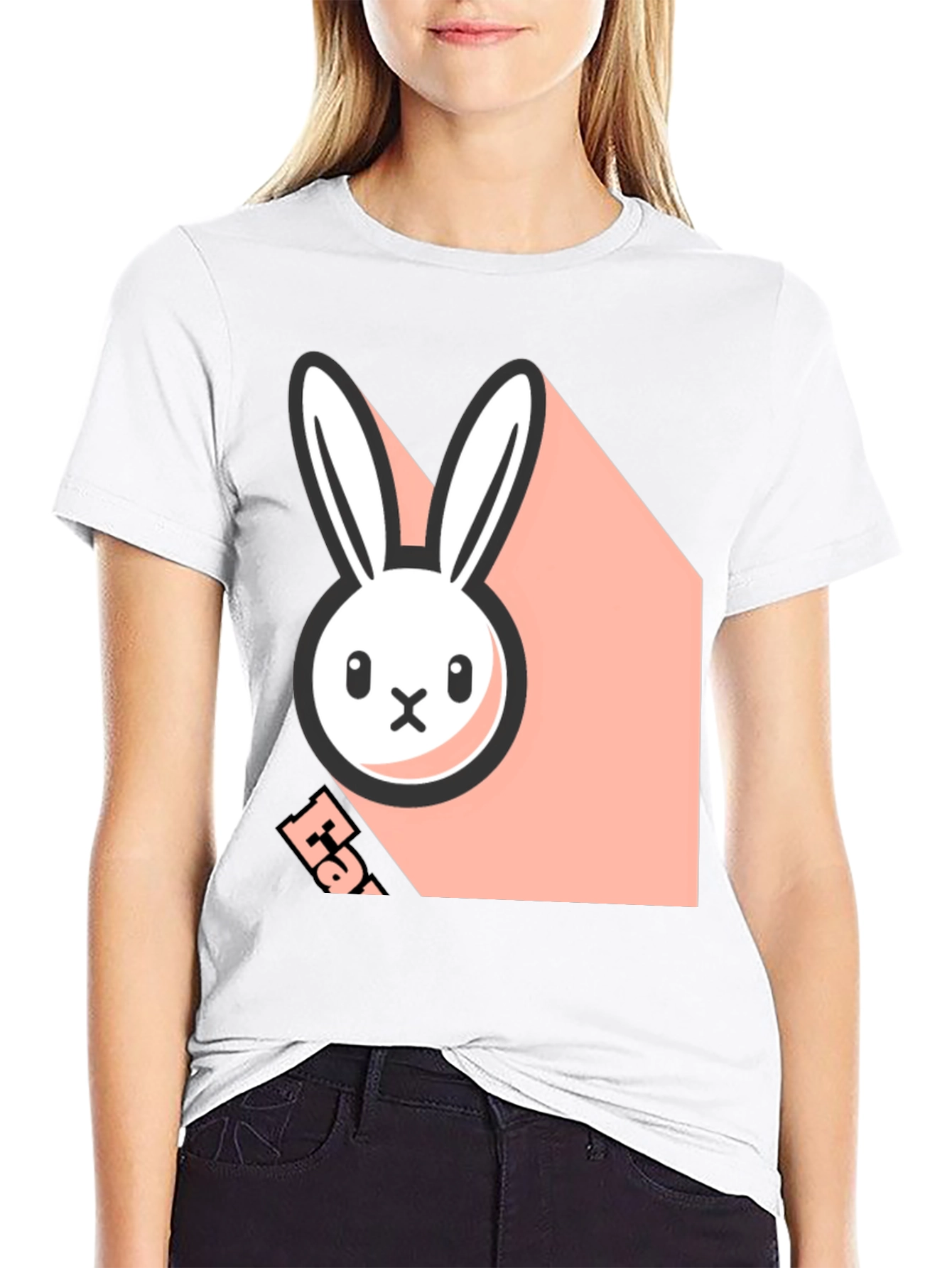 Black T-Shirt with Playful Bunny Graphic