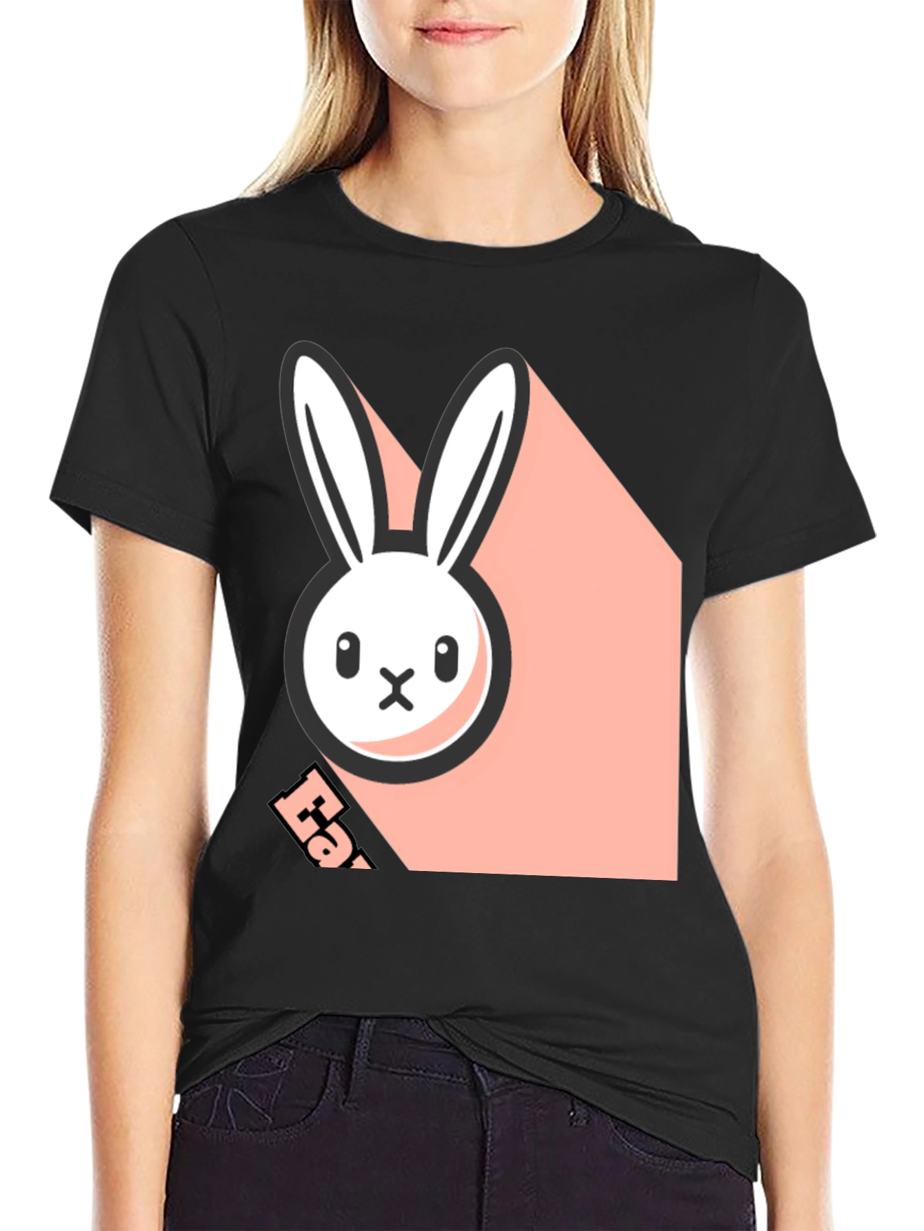 Black T-Shirt with Playful Bunny Graphic