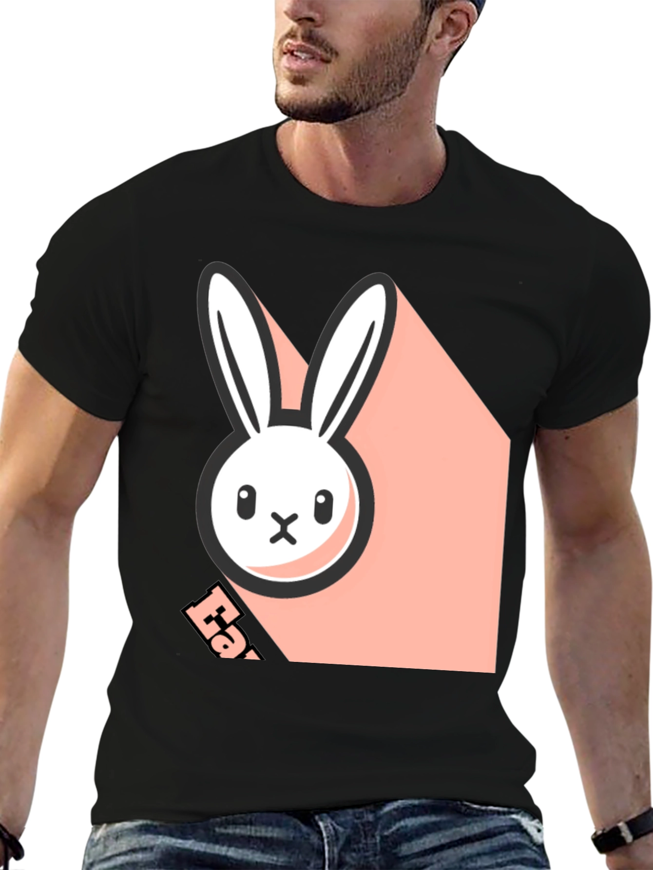 Black T-Shirt with Playful Bunny Graphic