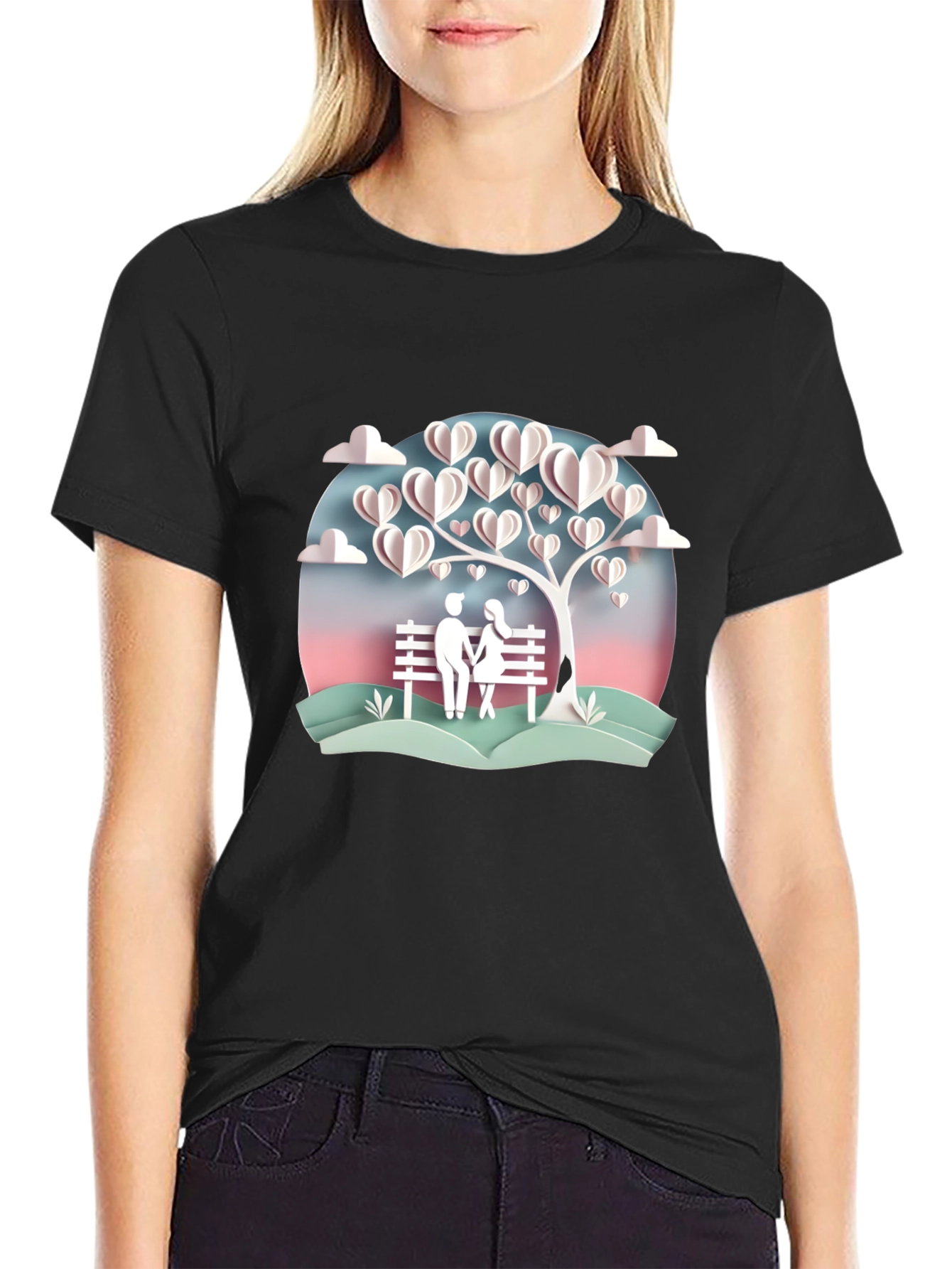 Romantic Couple Under Heart Tree Graphic Tee