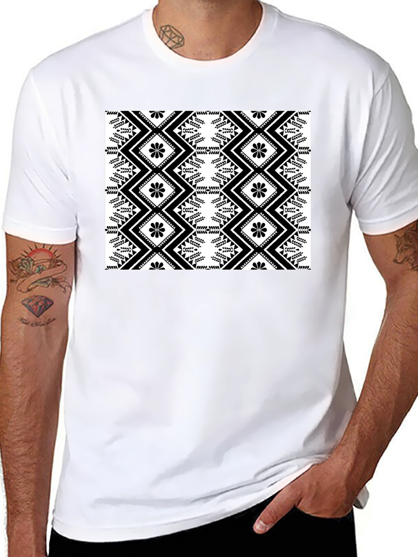 Stylish Black T-Shirt with Geometric Floral Design