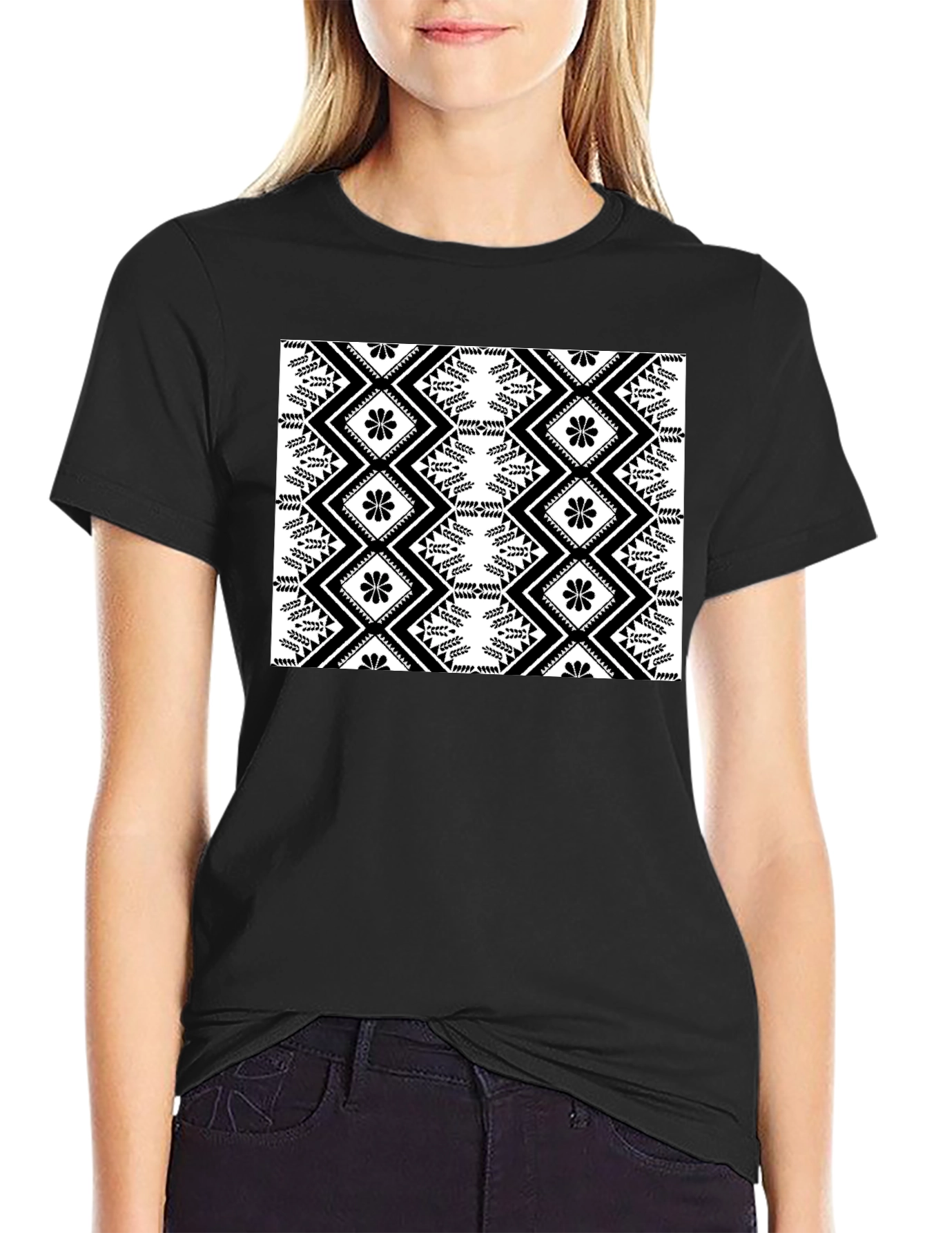 Stylish Black T-Shirt with Geometric Floral Design